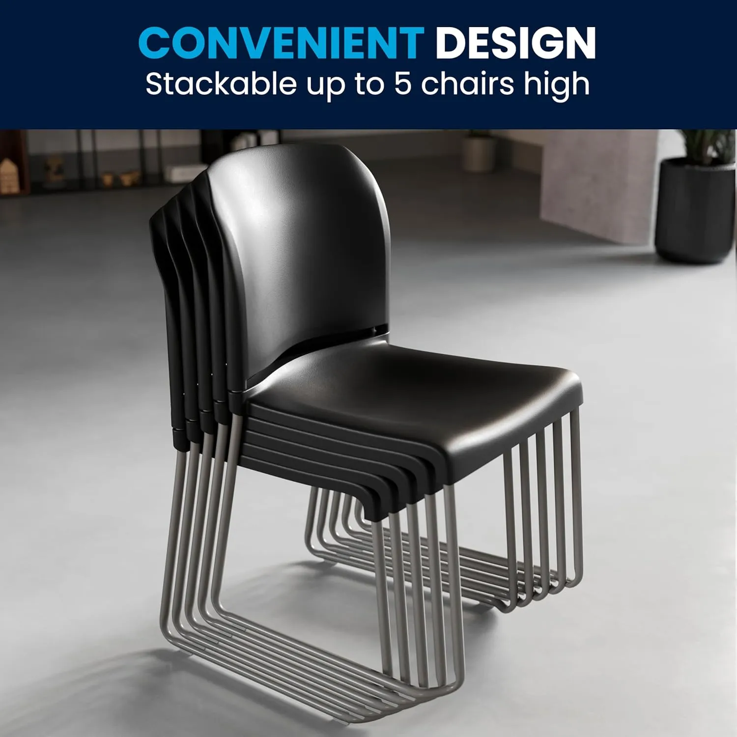 Flash Furniture Hercules Series Contoured Stacking Chairs for Waiting Rooms and Offices, Ergonomic Lobby Chairs with Curved Back, Set of 5, Black