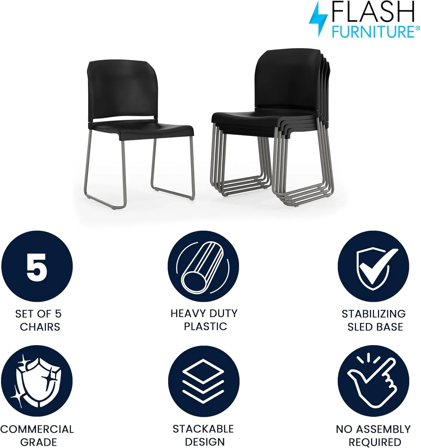 Flash Furniture Hercules Series Contoured Stacking Chairs for Waiting Rooms and Offices, Ergonomic Lobby Chairs with Curved Back, Set of 5, Black
