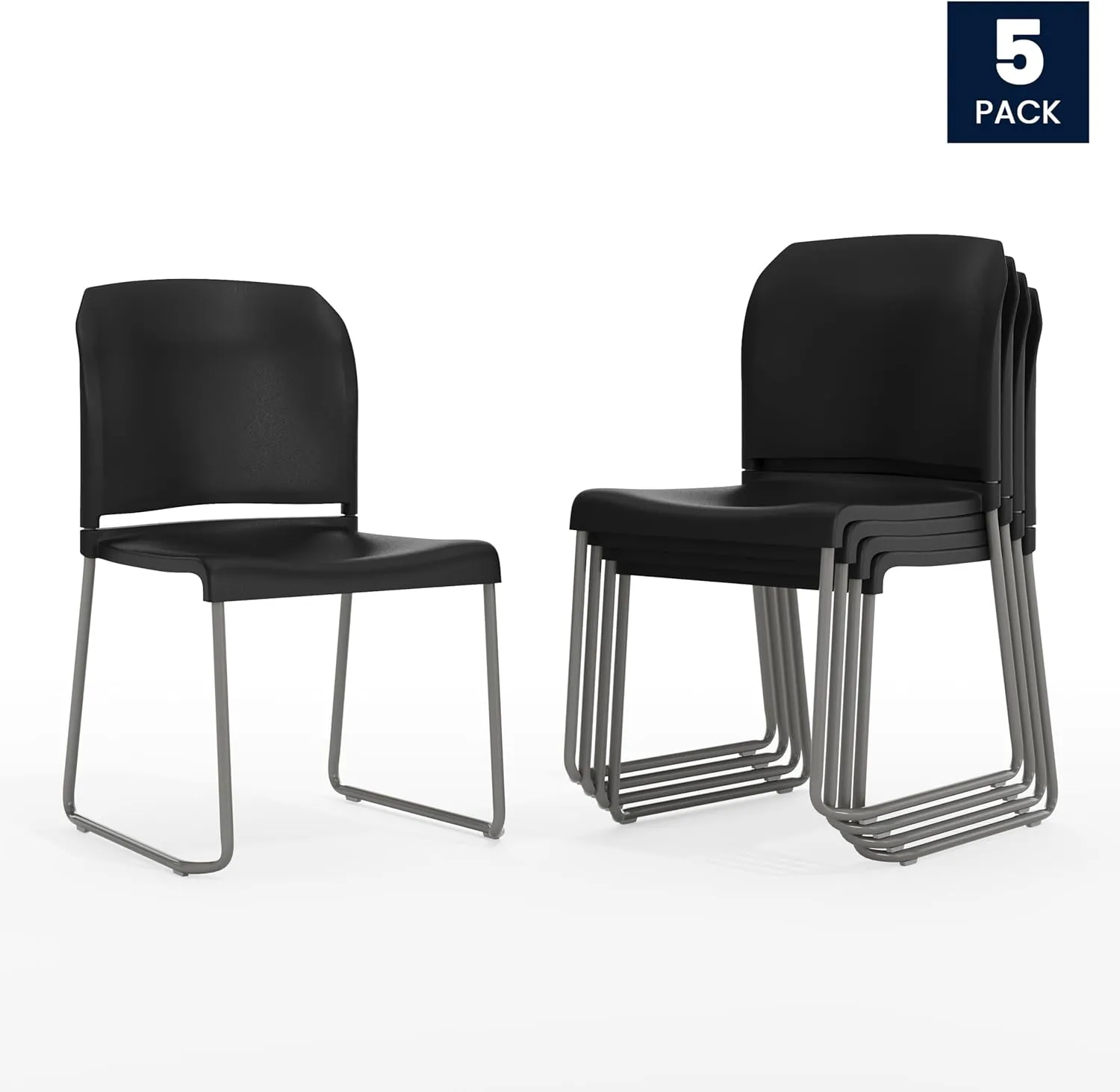 Flash Furniture Hercules Series Contoured Stacking Chairs for Waiting Rooms and Offices, Ergonomic Lobby Chairs with Curved Back, Set of 5, Black