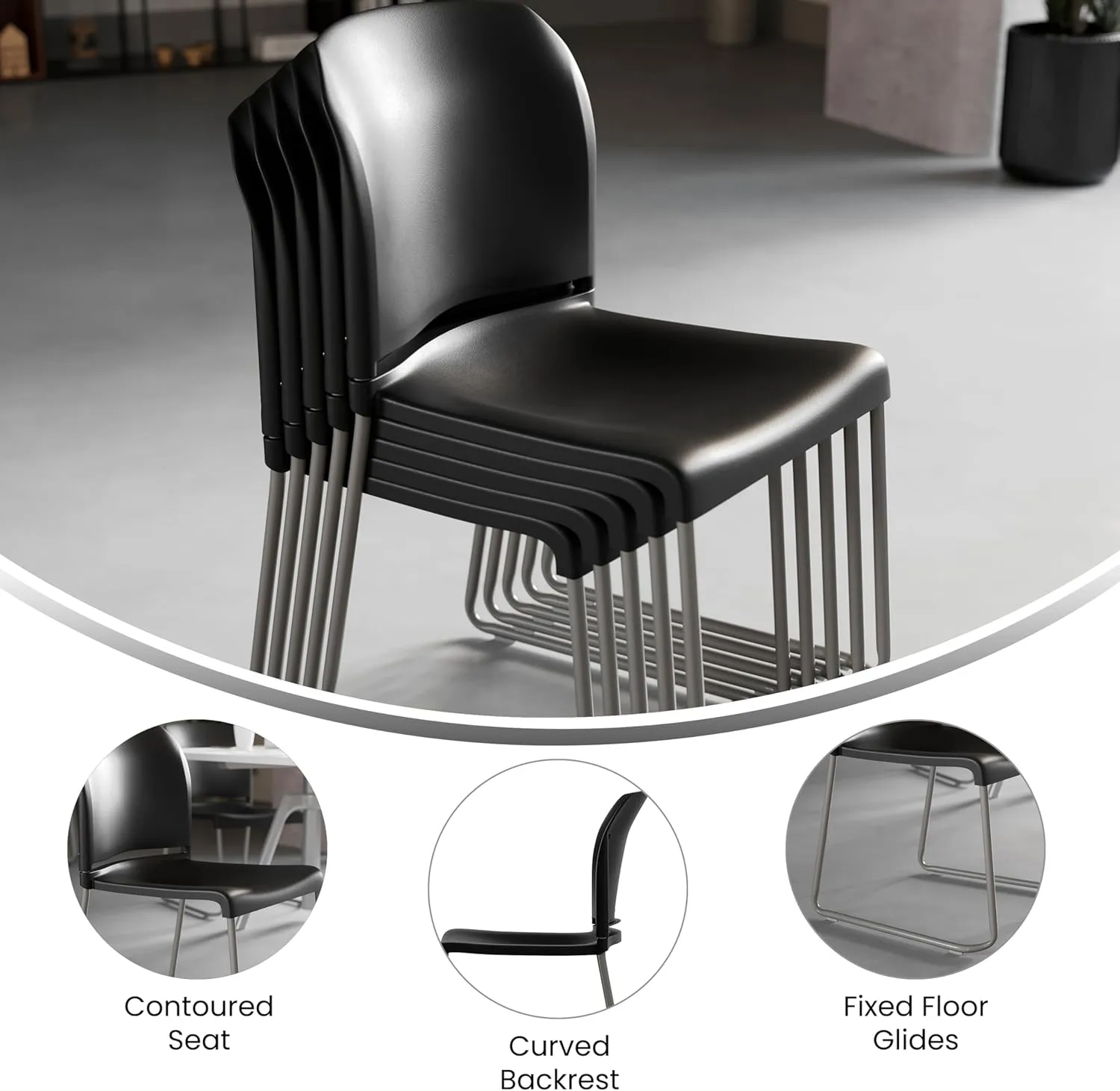 Flash Furniture Hercules Series Contoured Stacking Chairs for Waiting Rooms and Offices, Ergonomic Lobby Chairs with Curved Back, Set of 5, Black