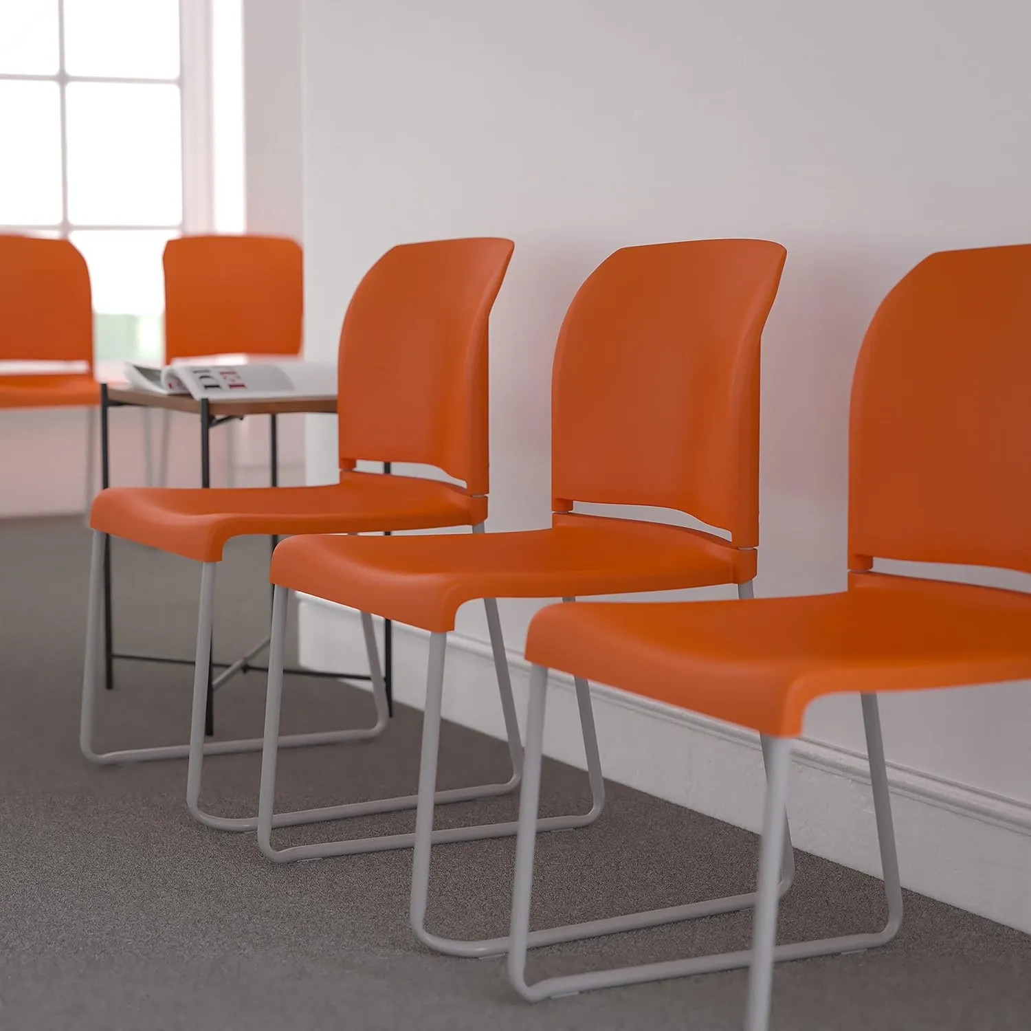 Flash Furniture Hercules Series Contoured Stacking Chairs for Waiting Rooms and Offices, Ergonomic Lobby Chairs with Curved Back, Set of 5, Orange