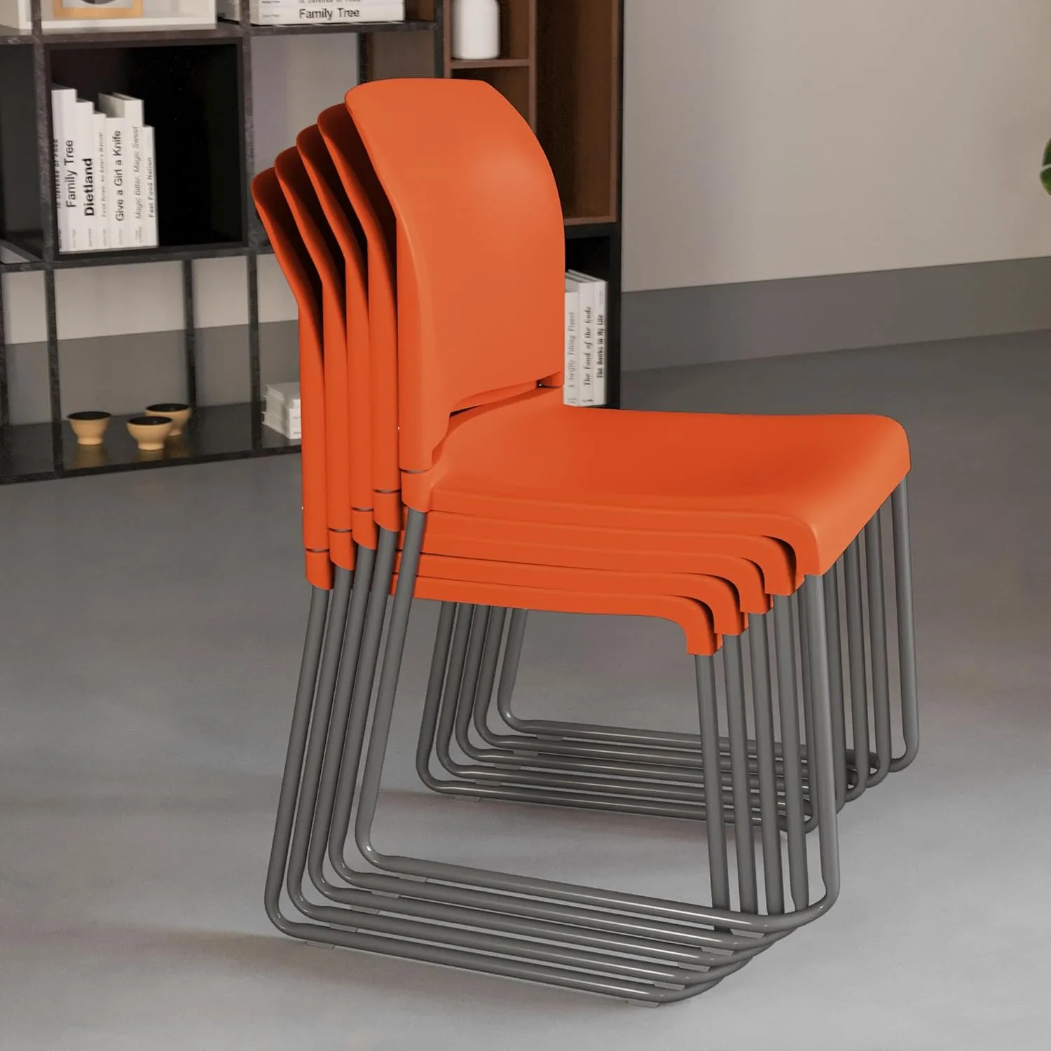 Flash Furniture Hercules Series Contoured Stacking Chairs for Waiting Rooms and Offices, Ergonomic Lobby Chairs with Curved Back, Set of 5, Orange