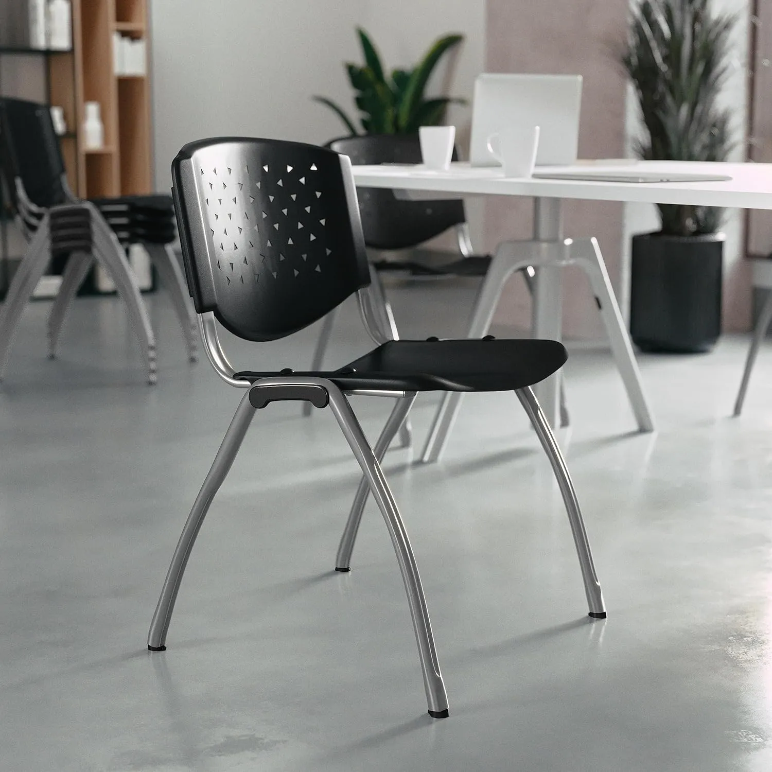 Flash Furniture Hercules Series Plastic Contoured Lobby Chairs with Perforated Backs, Ergonomic Stacking Chairs for Offices, Set of 5, Gray