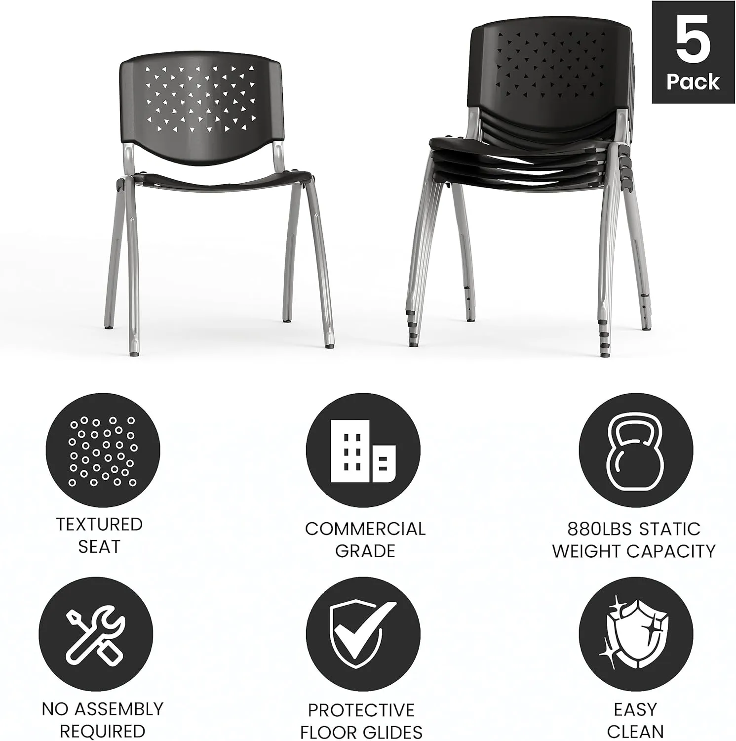 Flash Furniture Hercules Series Plastic Contoured Lobby Chairs with Perforated Backs, Ergonomic Stacking Chairs for Offices, Set of 5, Gray