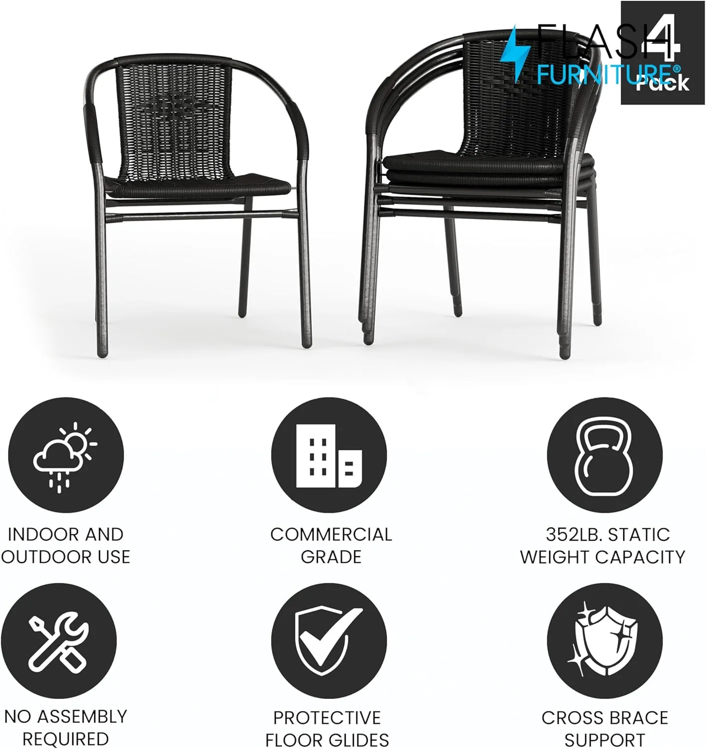 Flash Furniture Lila Modern Rattan Indoor/Outdoor Stackable Dining Chairs, Stacking Rattan Bistro Chairs for Patio or Restaurant, Set of 4, Black