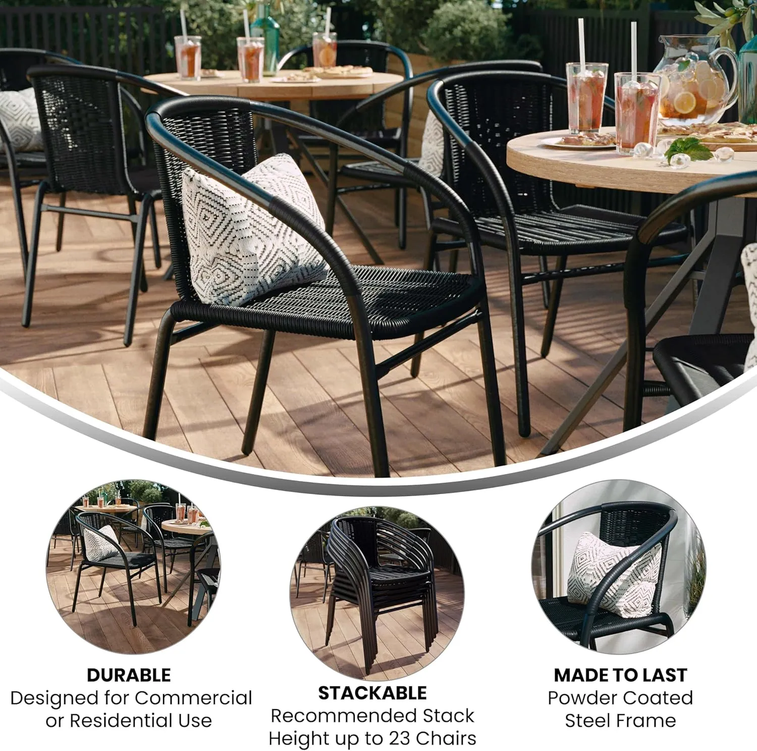 Flash Furniture Lila Modern Rattan Indoor/Outdoor Stackable Dining Chairs, Stacking Rattan Bistro Chairs for Patio or Restaurant, Set of 4, Black