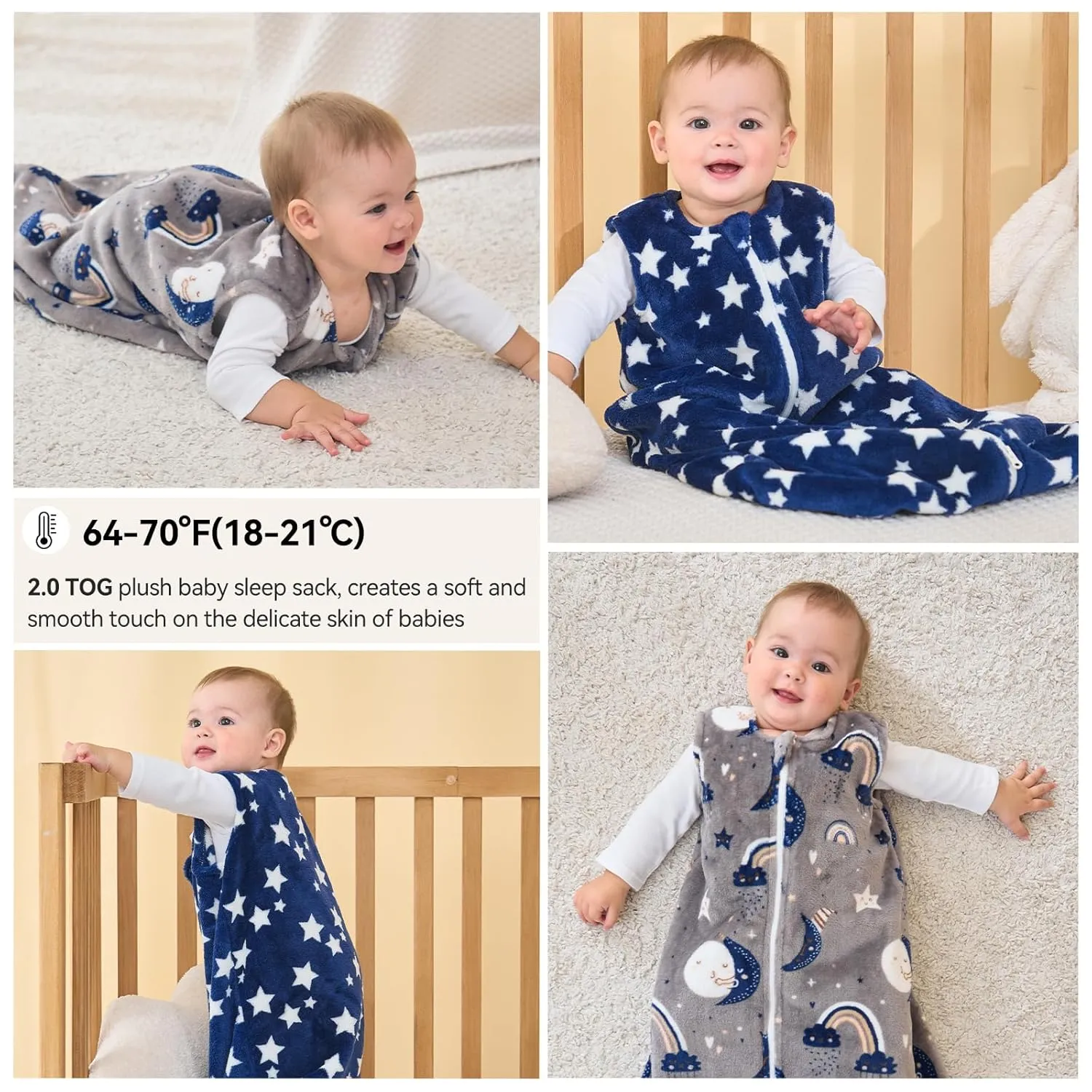 Fleece Baby Sleep Sack 18-24 Months 2.0 Tog Baby Wearable Blanket with 2-Way Zipper Warm Sleeping Sack for Toddler Infant - XLarge Blue Grey Pentagram