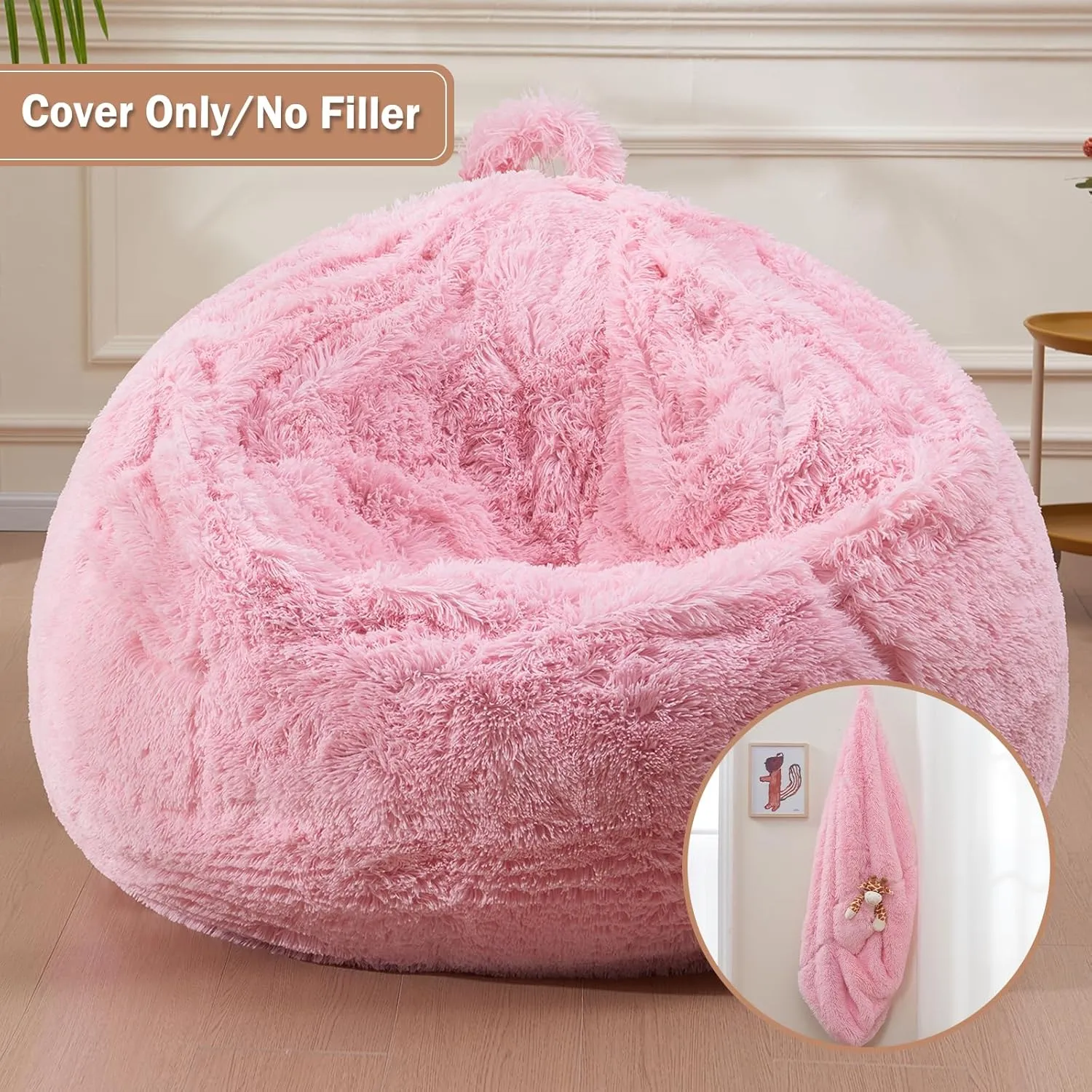 Fluffy Bean Bag for Stuffed Animals Storage, Faux Fur Washable Bean Bag Chair Cover(No Filler) for Textile Plush Toys, Beanbag Chair Cover for Adults Kids Teens, 6FT, Pink