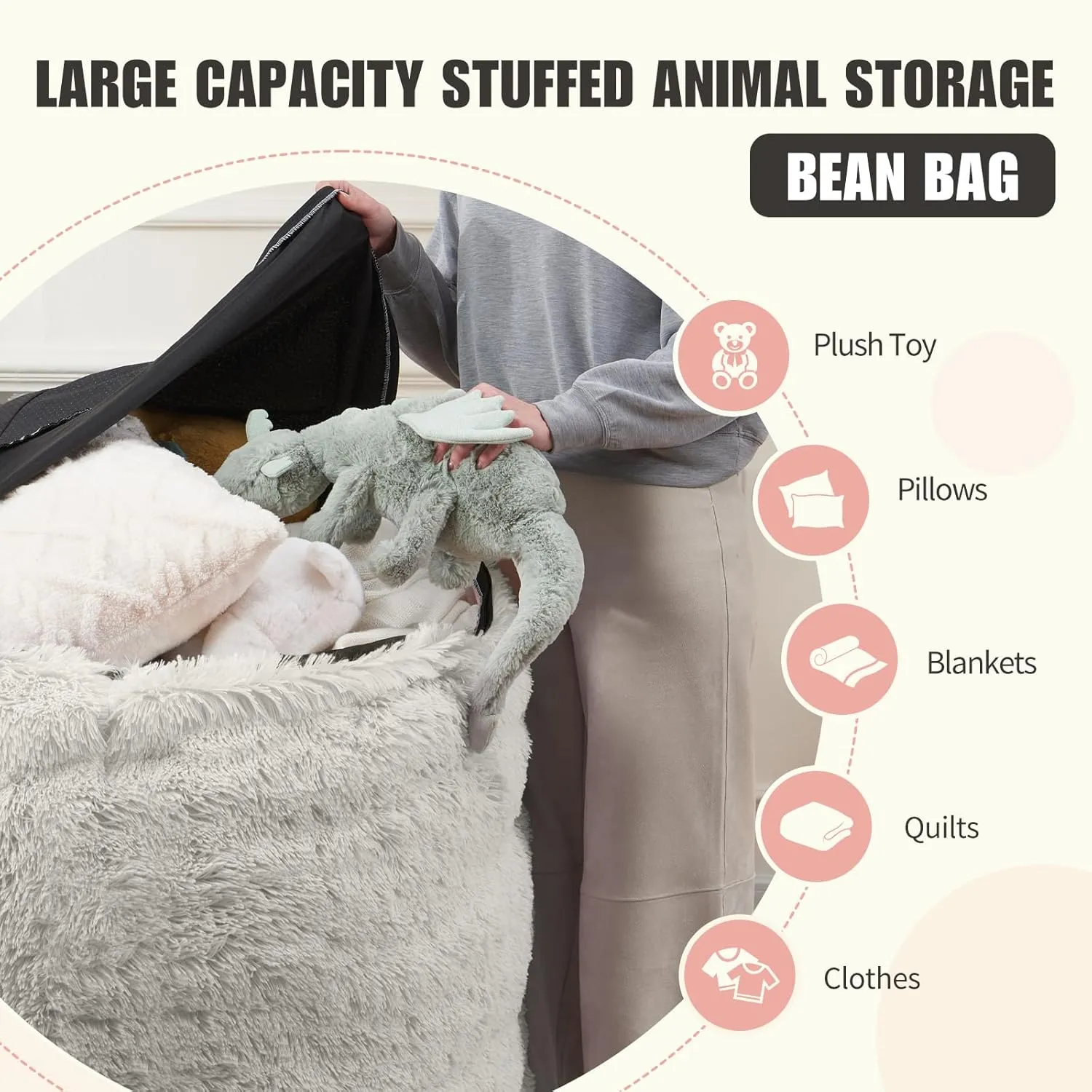Fluffy Bean Bag for Stuffed Animals Storage, Faux Fur Washable Bean Bag Chair Cover(No Filler) for Textile Plush Toys, Beanbag Chair Cover for Adults Kids Teens, 6FT, Pink
