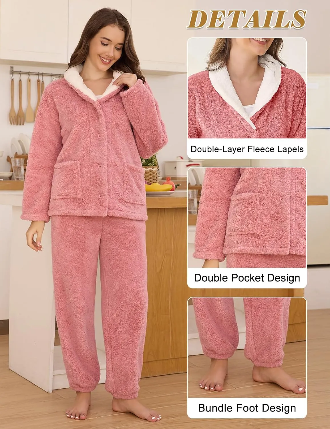 Fluffy Pajamas Set for Women Fleece Pjs Sets Button Down Sleepwear Pullover Fuzzy Pants Winter Plush Loungewear
