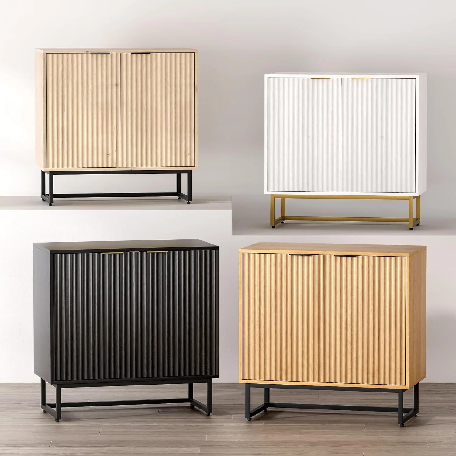 Fluted Storage Cabinets Set of 2, Sideboard Buffet Cabinet Modern Accent Cabinet with Adjustable Shelves, Credenza, Entryway Console Table for Living Room, Light Oak