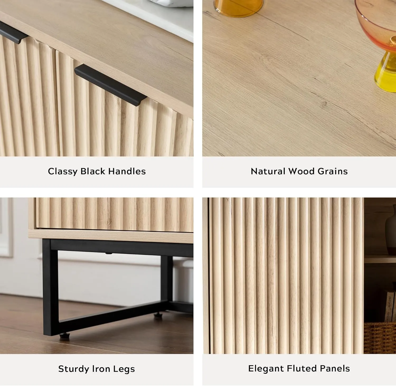 Fluted Storage Cabinets Set of 2, Sideboard Buffet Cabinet Modern Accent Cabinet with Adjustable Shelves, Credenza, Entryway Console Table for Living Room, Light Oak
