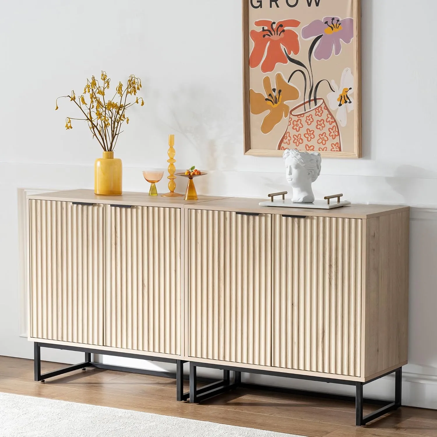 Fluted Storage Cabinets Set of 2, Sideboard Buffet Cabinet Modern Accent Cabinet with Adjustable Shelves, Credenza, Entryway Console Table for Living Room, Light Oak