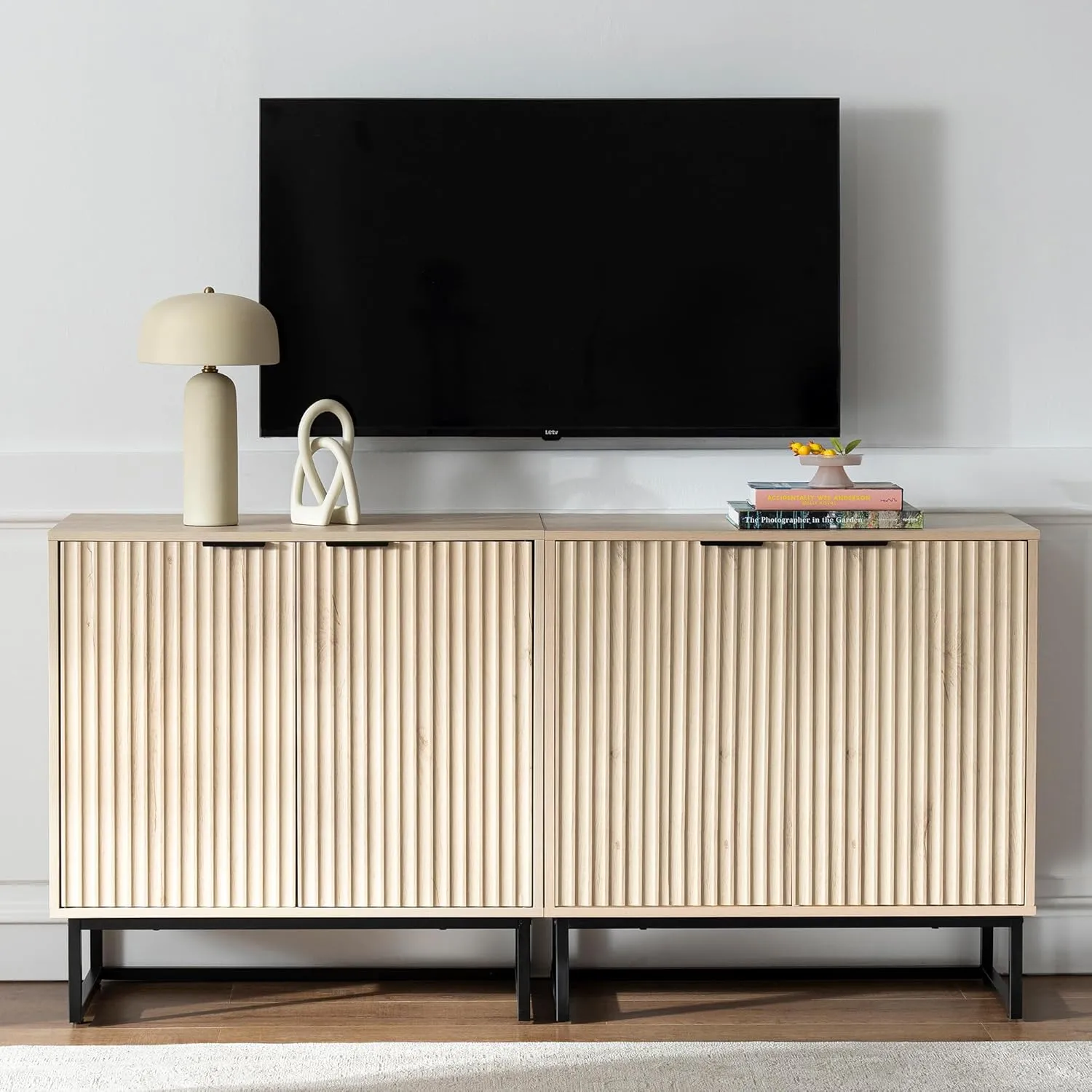 Fluted Storage Cabinets Set of 2, Sideboard Buffet Cabinet Modern Accent Cabinet with Adjustable Shelves, Credenza, Entryway Console Table for Living Room, Light Oak