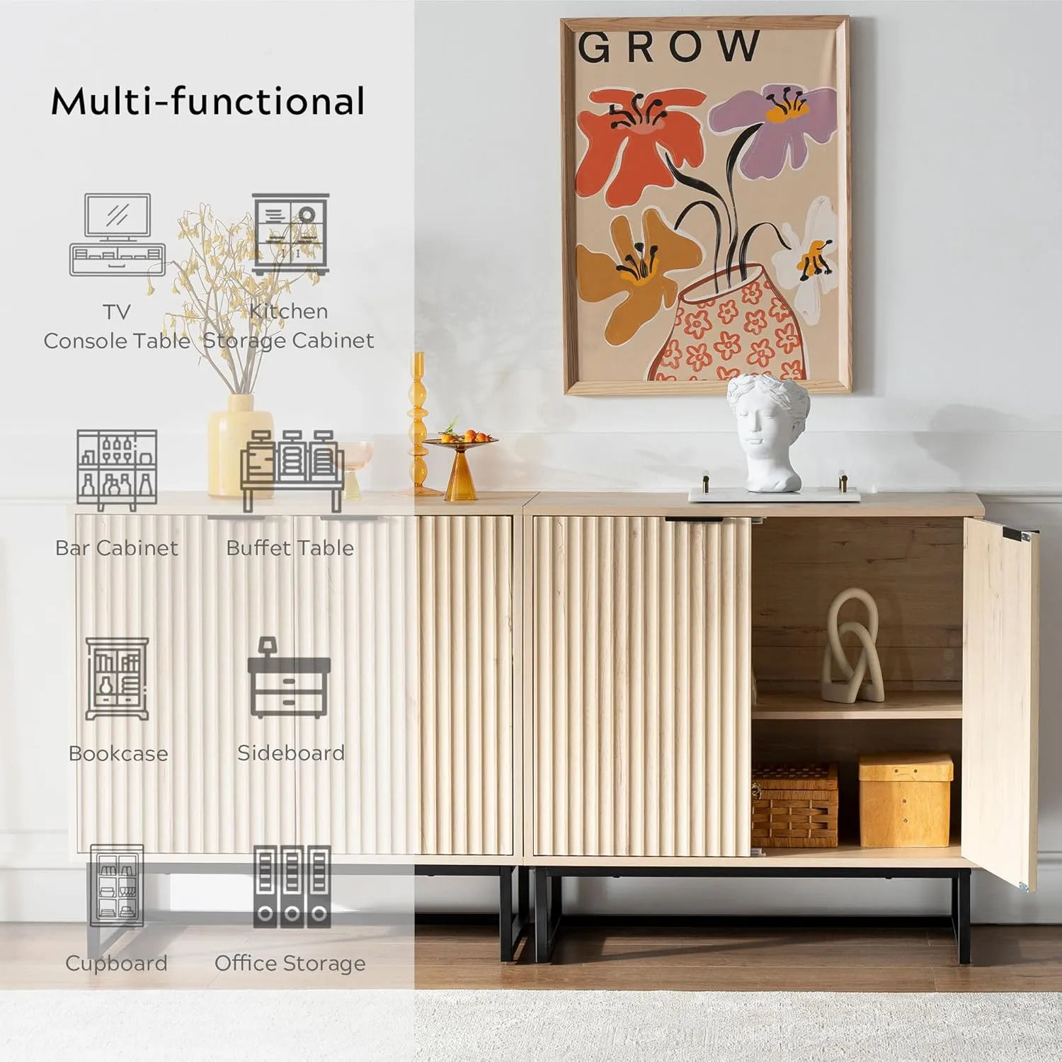 Fluted Storage Cabinets Set of 2, Sideboard Buffet Cabinet Modern Accent Cabinet with Adjustable Shelves, Credenza, Entryway Console Table for Living Room, Light Oak