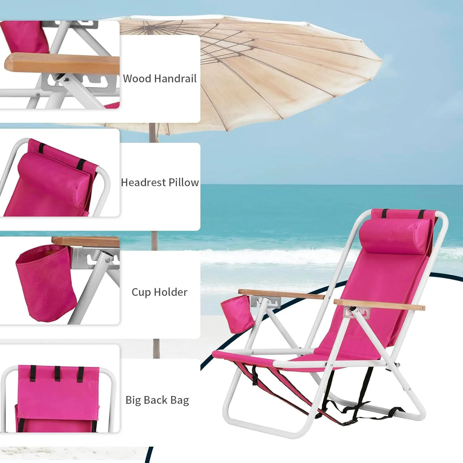 Foldable Beach Chair, Portable Camping Chairs with Straps,Backpack Beach Chairs for Adults with Headrest, Cup Holder & Wooden Armrests,Position Adjustable (red -2pcs)