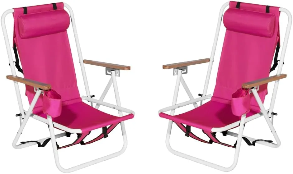 Foldable Beach Chair, Portable Camping Chairs with Straps,Backpack Beach Chairs for Adults with Headrest, Cup Holder & Wooden Armrests,Position Adjustable (red -2pcs)