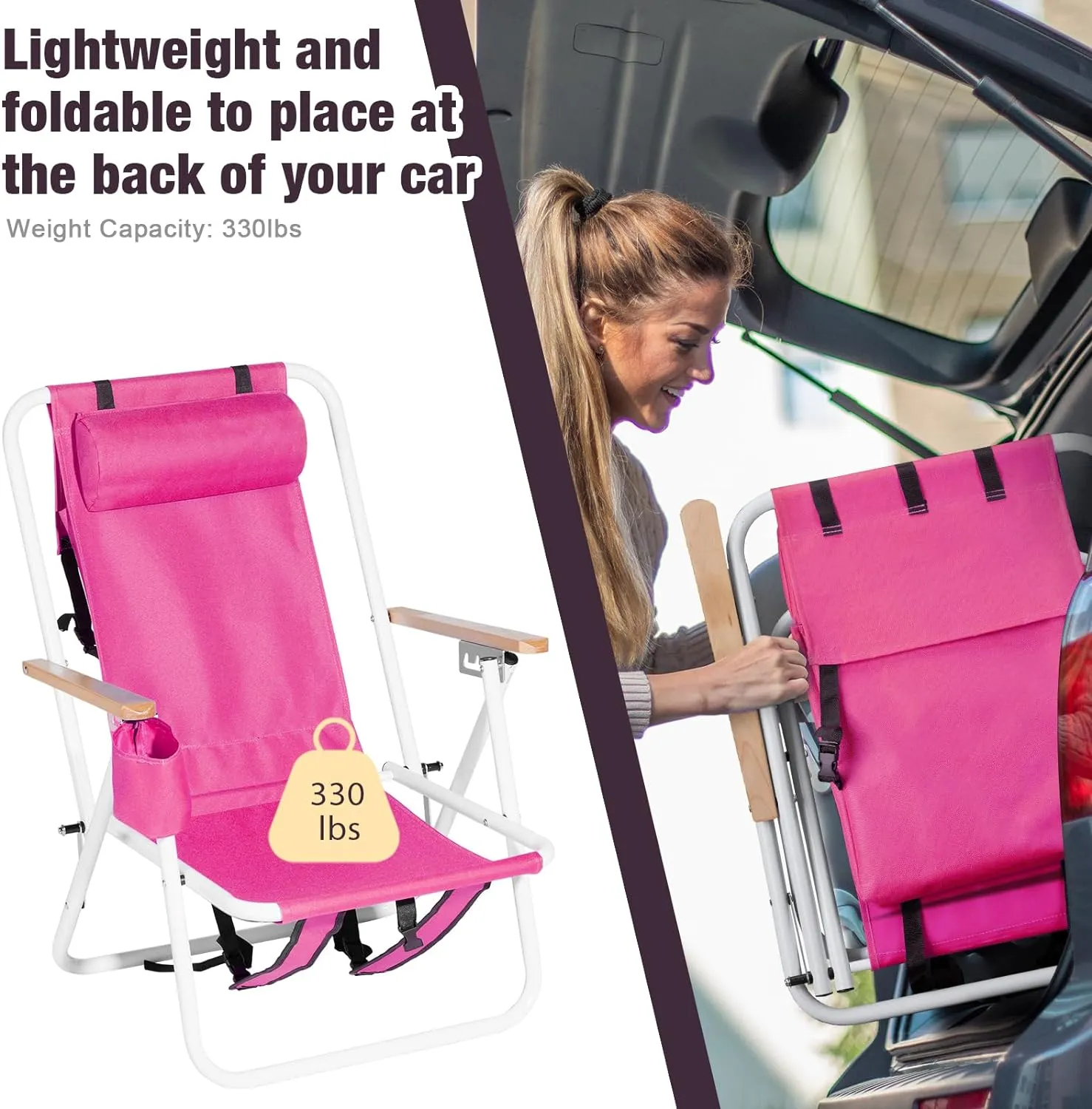 Foldable Beach Chair, Portable Camping Chairs with Straps,Backpack Beach Chairs for Adults with Headrest, Cup Holder & Wooden Armrests,Position Adjustable (red -2pcs)