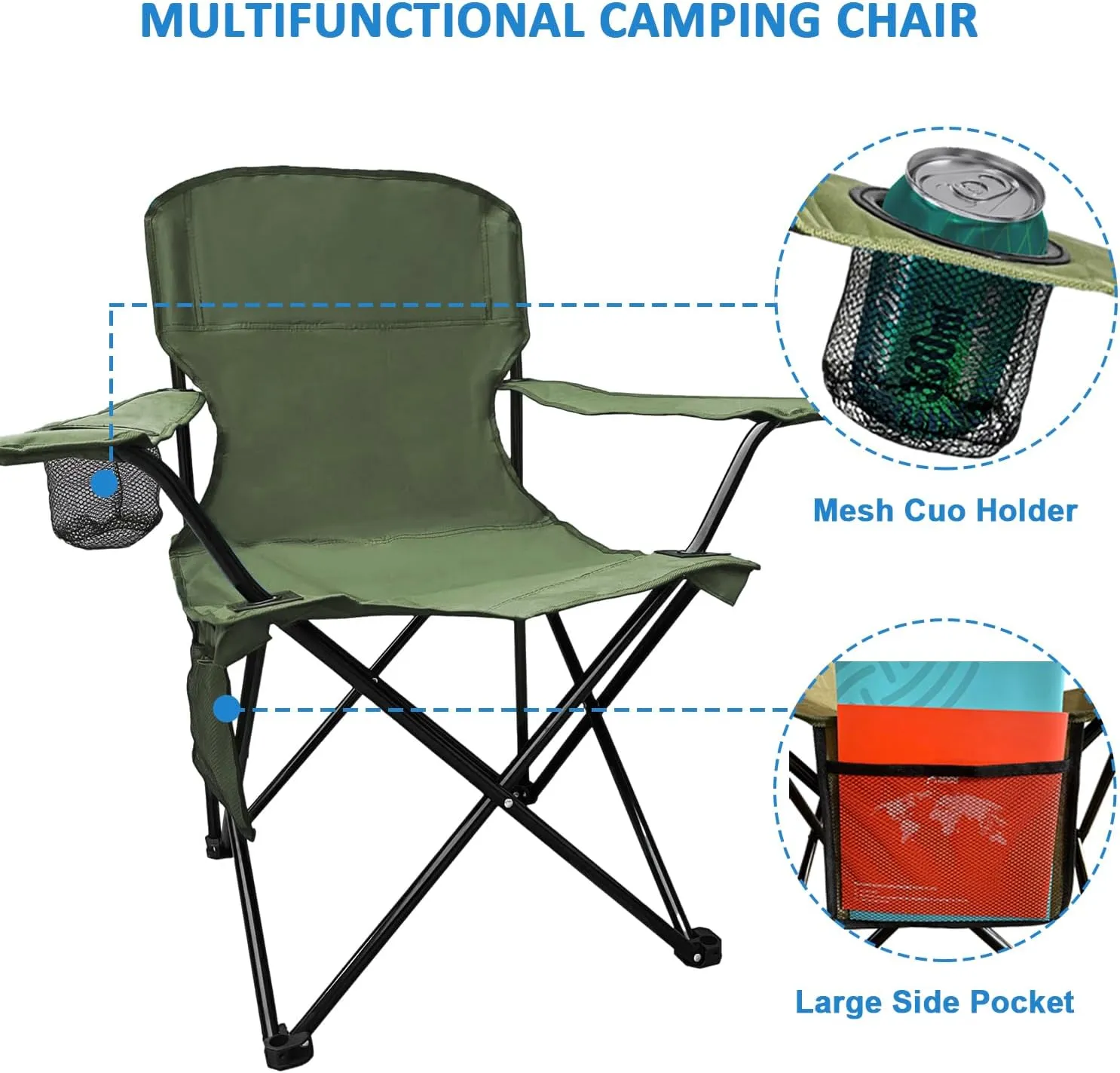 Foldable Camping Chair with Cup Holder, Storage Pocket, 225lbs Capacity, Wide Base Feet for Sand/Mud, Sweatproof Portable Outdoor Chair for Hiking, Beach, Sports, Green