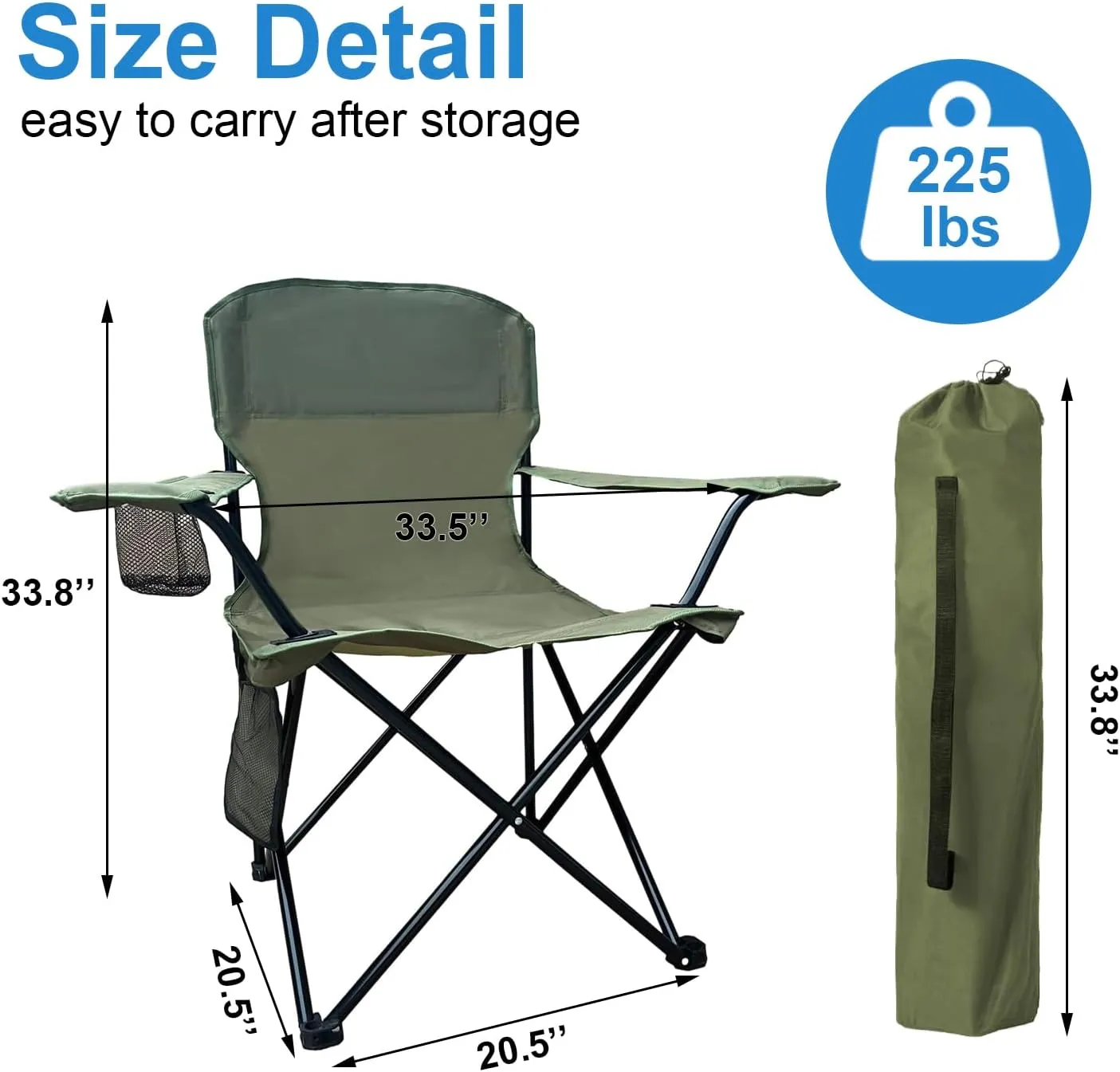 Foldable Camping Chair with Cup Holder, Storage Pocket, 225lbs Capacity, Wide Base Feet for Sand/Mud, Sweatproof Portable Outdoor Chair for Hiking, Beach, Sports, Green