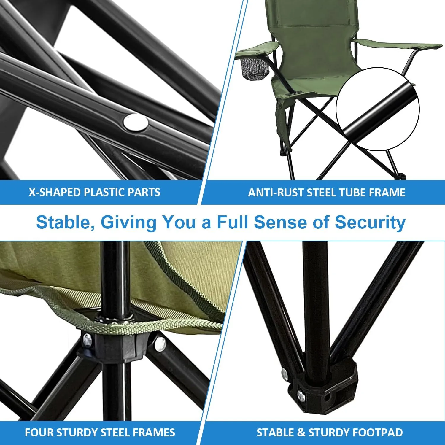 Foldable Camping Chair with Cup Holder, Storage Pocket, 225lbs Capacity, Wide Base Feet for Sand/Mud, Sweatproof Portable Outdoor Chair for Hiking, Beach, Sports, Green