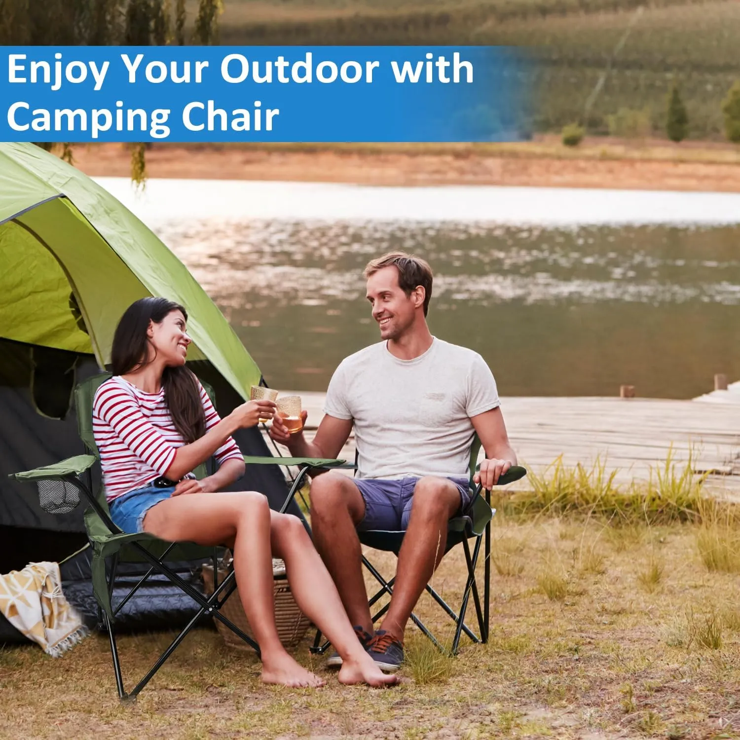 Foldable Camping Chair with Cup Holder, Storage Pocket, 225lbs Capacity, Wide Base Feet for Sand/Mud, Sweatproof Portable Outdoor Chair for Hiking, Beach, Sports, Green