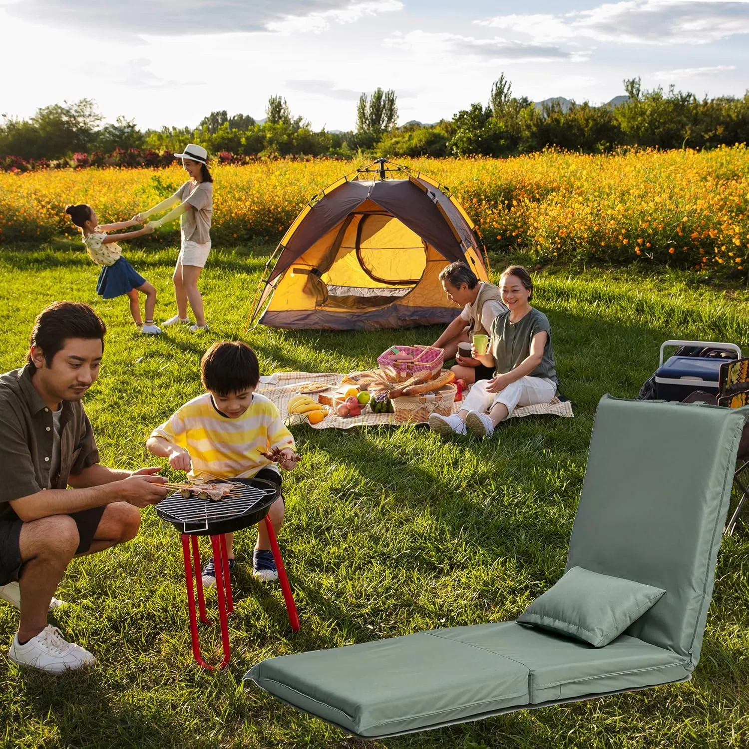 Foldable Portable Chair with Fourteen-Position Adjustable Recliner for Outdoor Travel, Picnic, BBQ, Lightweight, Light Green