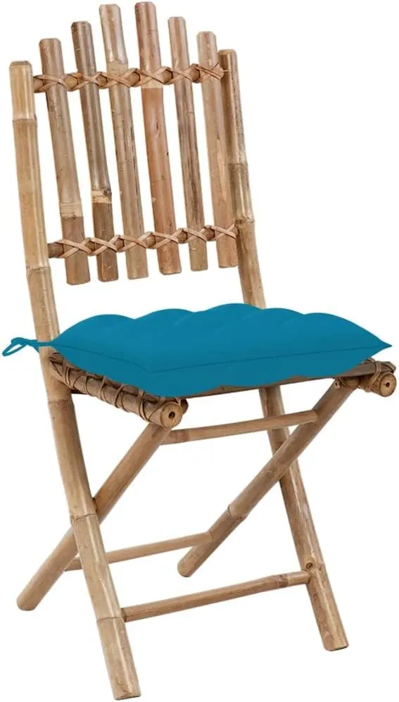 Folding Bamboo Patio Chairs with Cushions 2 Pack Light Blue Outdoor Furniture Set for Garden, Poolside, Camping - Foldable Lounge Chairs