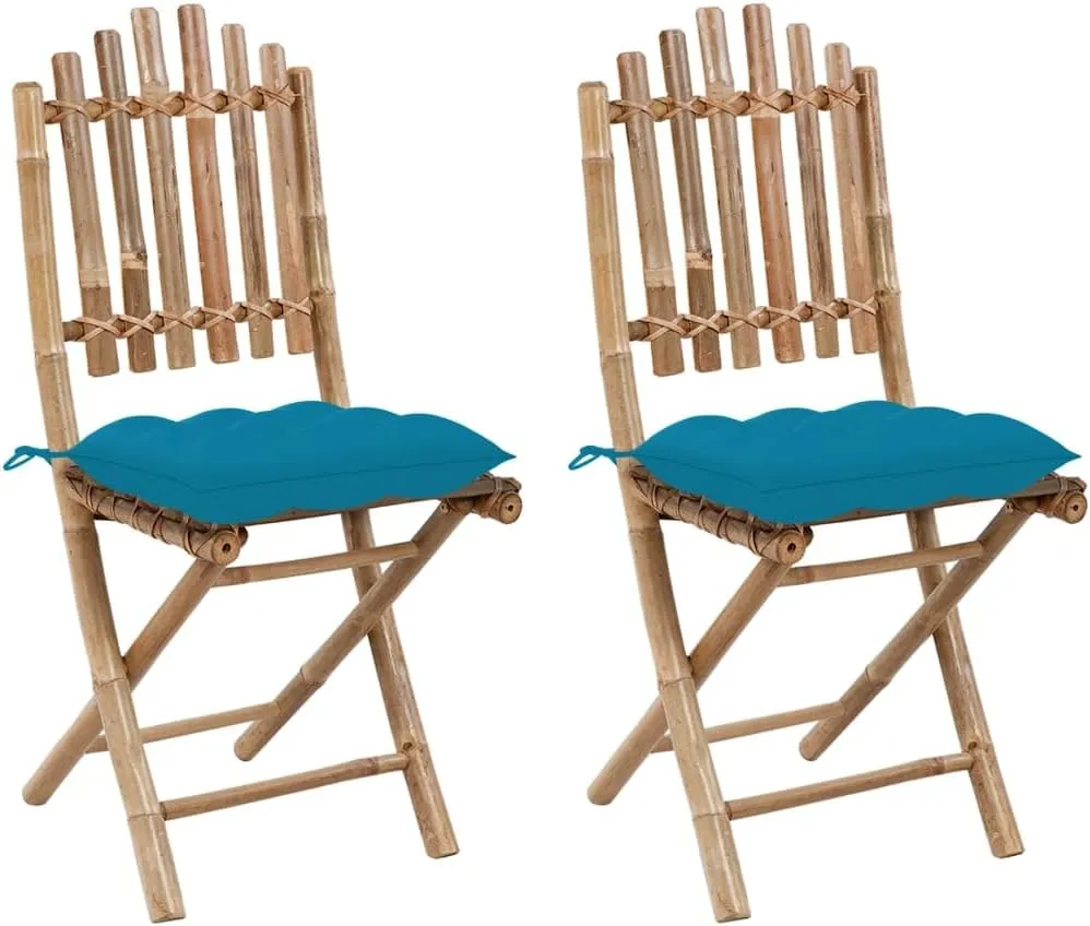 Folding Bamboo Patio Chairs with Cushions 2 Pack Light Blue Outdoor Furniture Set for Garden, Poolside, Camping - Foldable Lounge Chairs