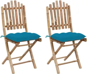 Folding Bamboo Patio Chairs with Cushions 2 Pack Light Blue Outdoor Furniture Set for Garden, Poolside, Camping - Foldable Lounge Chairs