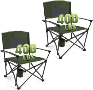 Folding Camping Chairs 2 Pack, Heavy Duty Camping Chairs for Adults Steel Frame Support 400 lbs, Metal Arm Lawn Chairs with Swivel Cup Holder, Hollow Backrest Camp Chair, Outdoor Sports Chairs, Green