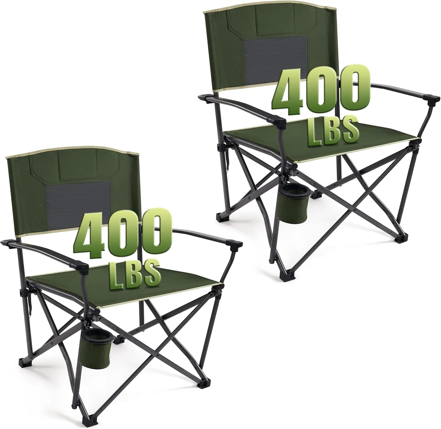 Folding Camping Chairs 2 Pack, Heavy Duty Camping Chairs for Adults Steel Frame Support 400 lbs, Metal Arm Lawn Chairs with Swivel Cup Holder, Hollow Backrest Camp Chair, Outdoor Sports Chairs, Green