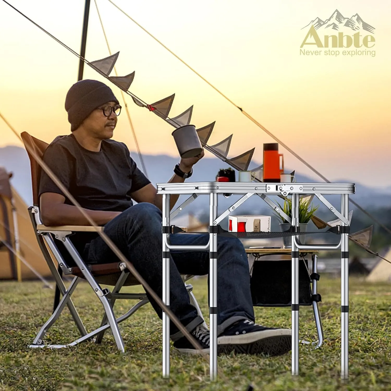 Folding Camping Table, Aluminum 24" x 16" Adjustable Height Small Folding Table with Carrying Handle, Lightweight, Portable Camping Table Waterproof for Outdoor Indoor Picnic Beach BBQ (Black)