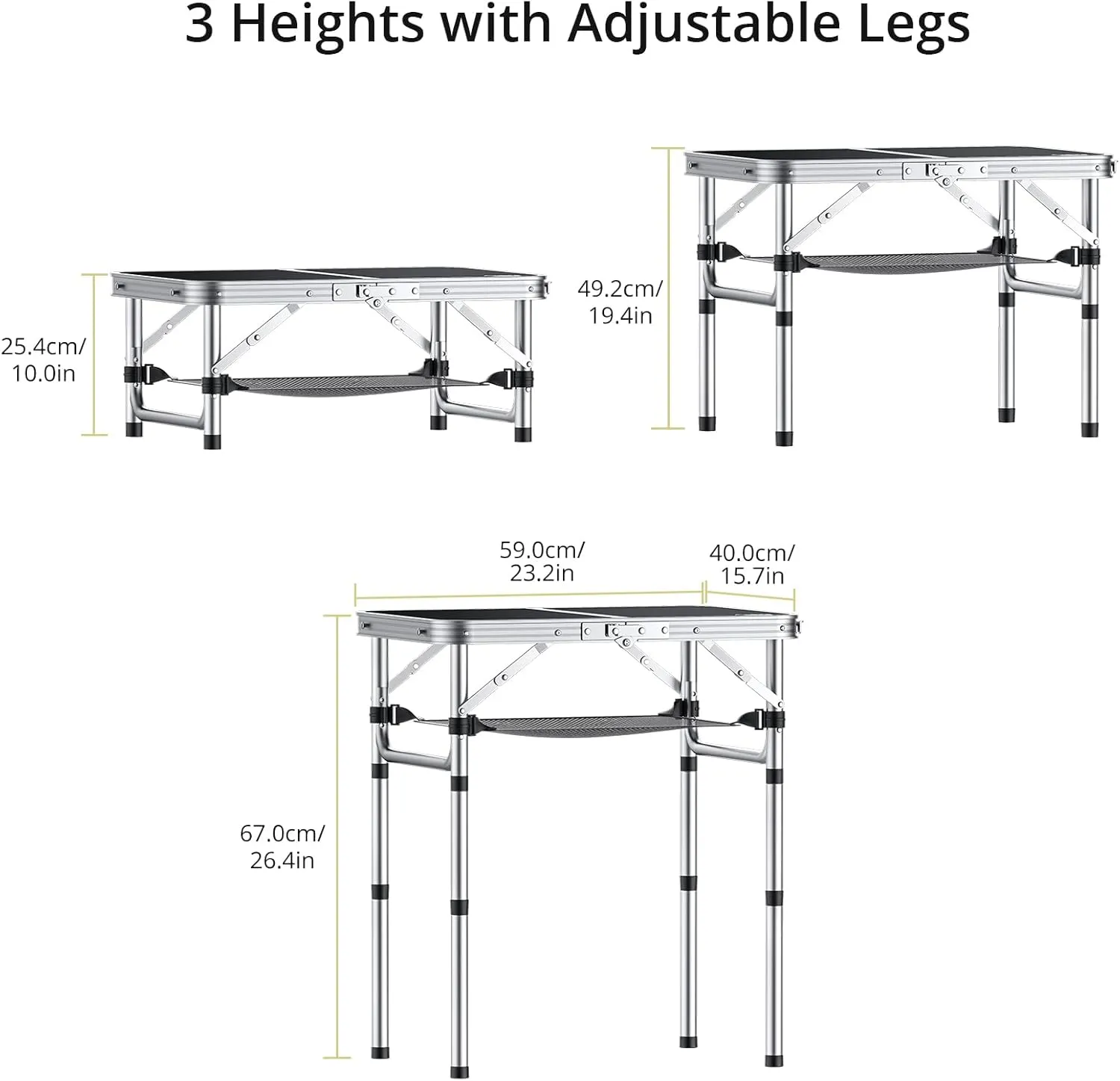 Folding Camping Table, Aluminum 24" x 16" Adjustable Height Small Folding Table with Carrying Handle, Lightweight, Portable Camping Table Waterproof for Outdoor Indoor Picnic Beach BBQ (Black)