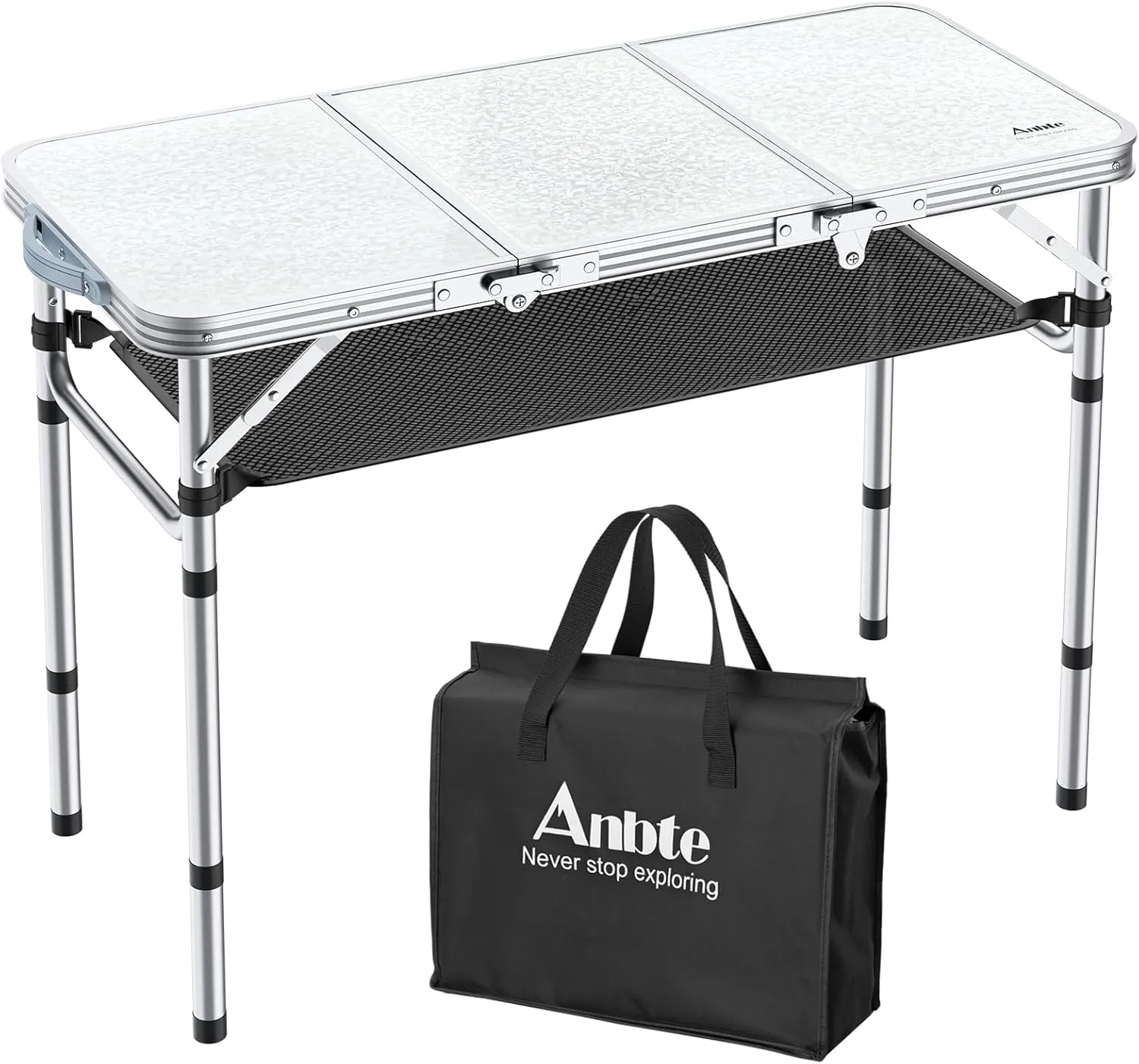 Folding Camping Table with Storage Net, 3ft Camping Table Aluminum Folding Table with 3 Adjustable Height Max 27.1 Inch, Portable, for Outdoor Backyard BBQ, Silver
