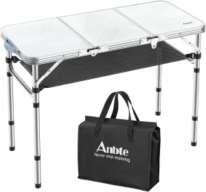 Folding Camping Table with Storage Net, 3ft Camping Table Aluminum Folding Table with 3 Adjustable Height Max 27.1 Inch, Portable, for Outdoor Backyard BBQ, Silver