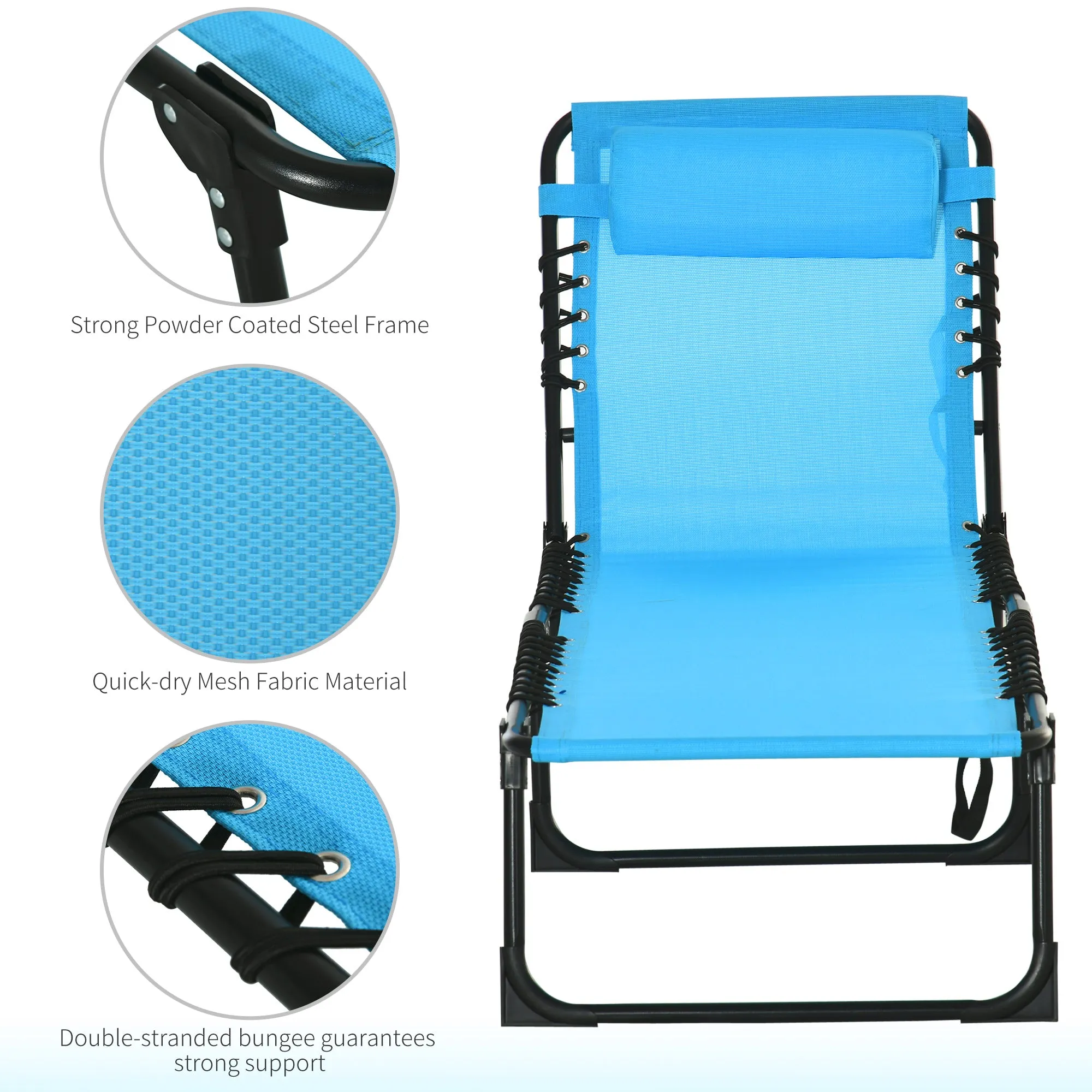 Folding Chaise Lounge Chair with 4-Position Recline, Breathable Mesh & Bungee Seat, Blue