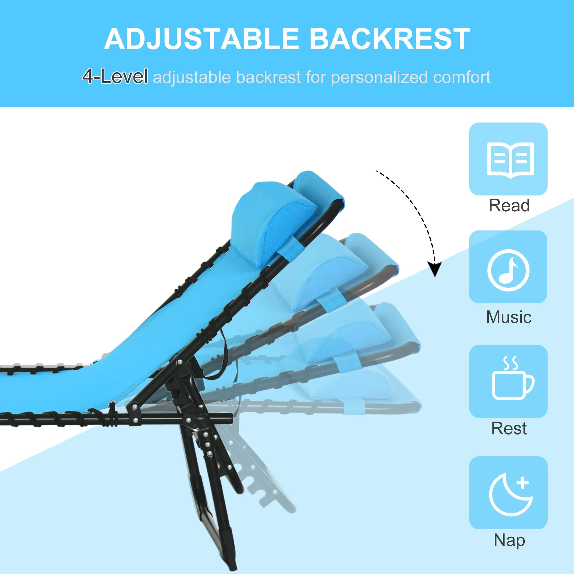 Folding Chaise Lounge Chair with 4-Position Recline, Breathable Mesh & Bungee Seat, Blue