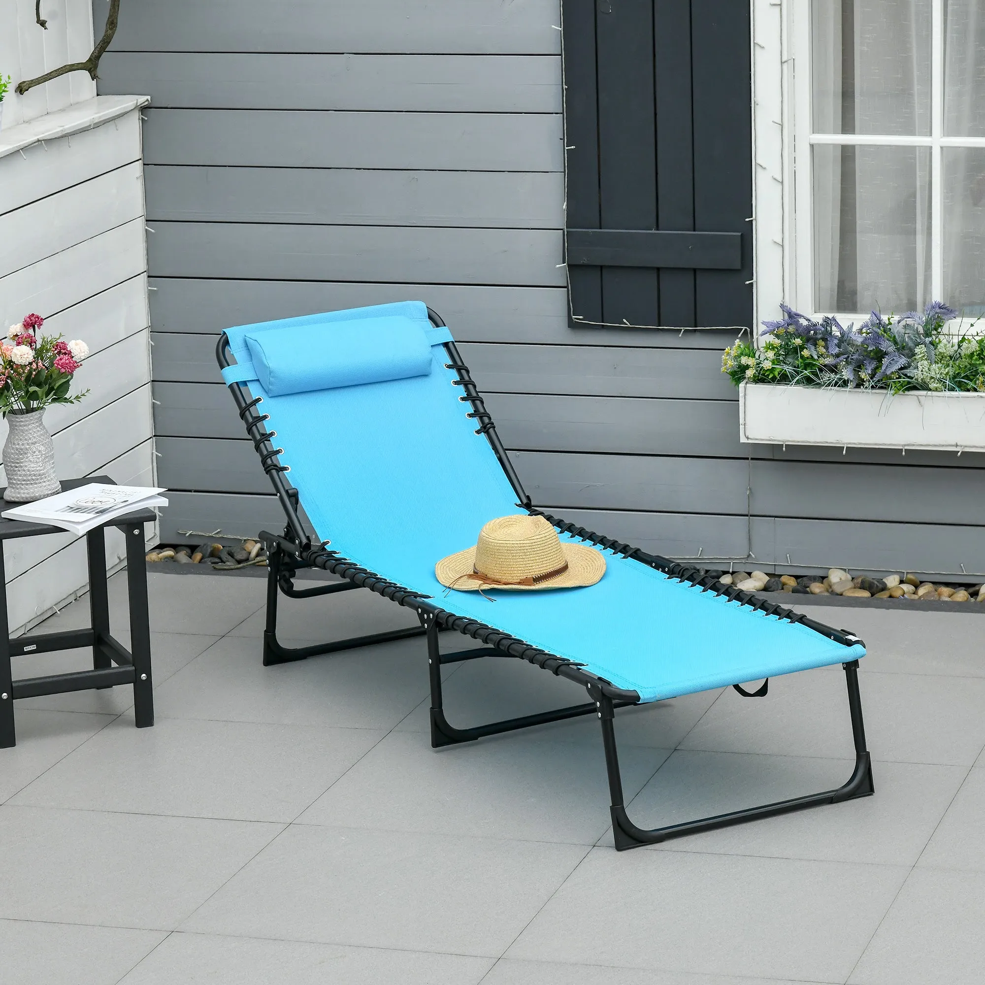 Folding Chaise Lounge Chair with 4-Position Recline, Breathable Mesh & Bungee Seat, Blue