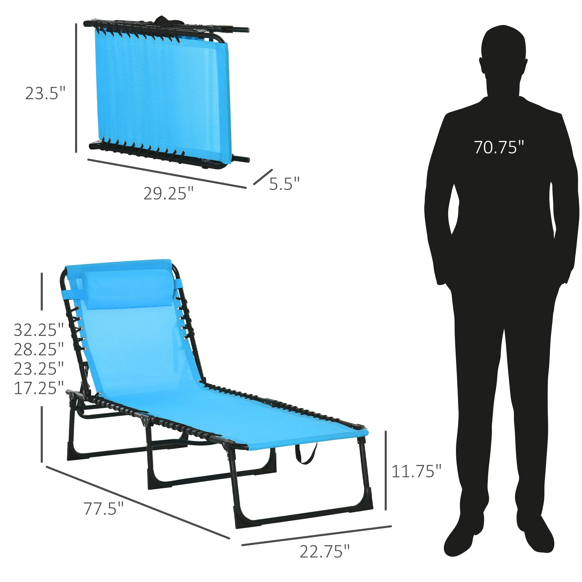 Folding Chaise Lounge Chair with 4-Position Recline, Breathable Mesh & Bungee Seat, Blue