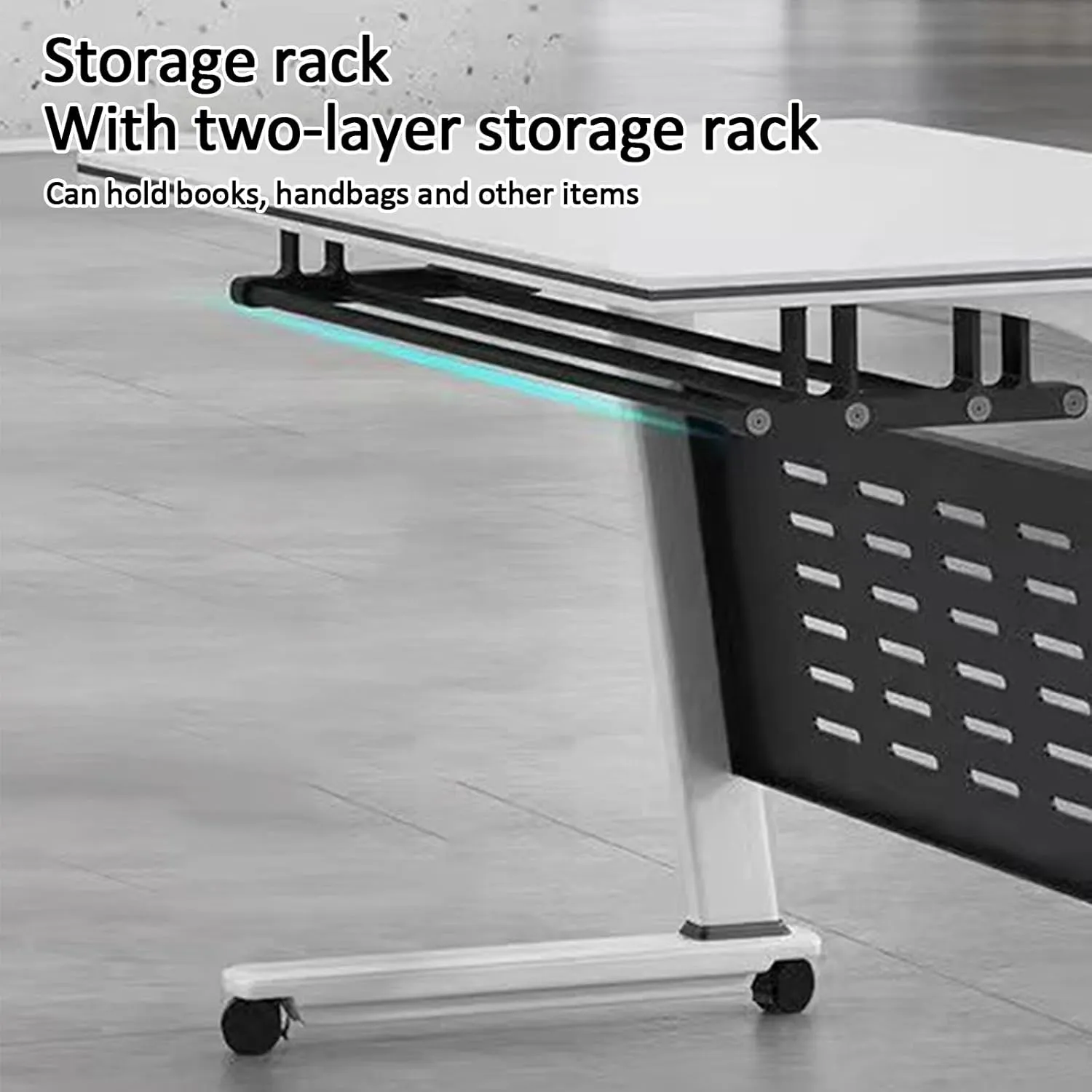Folding Conference Table, Mobile Training Foldable with Storage Rack and Pulleys, Metal Stand, Perfect for Meeting, Training, etc, White(160x50x75cm/63x20x30in)