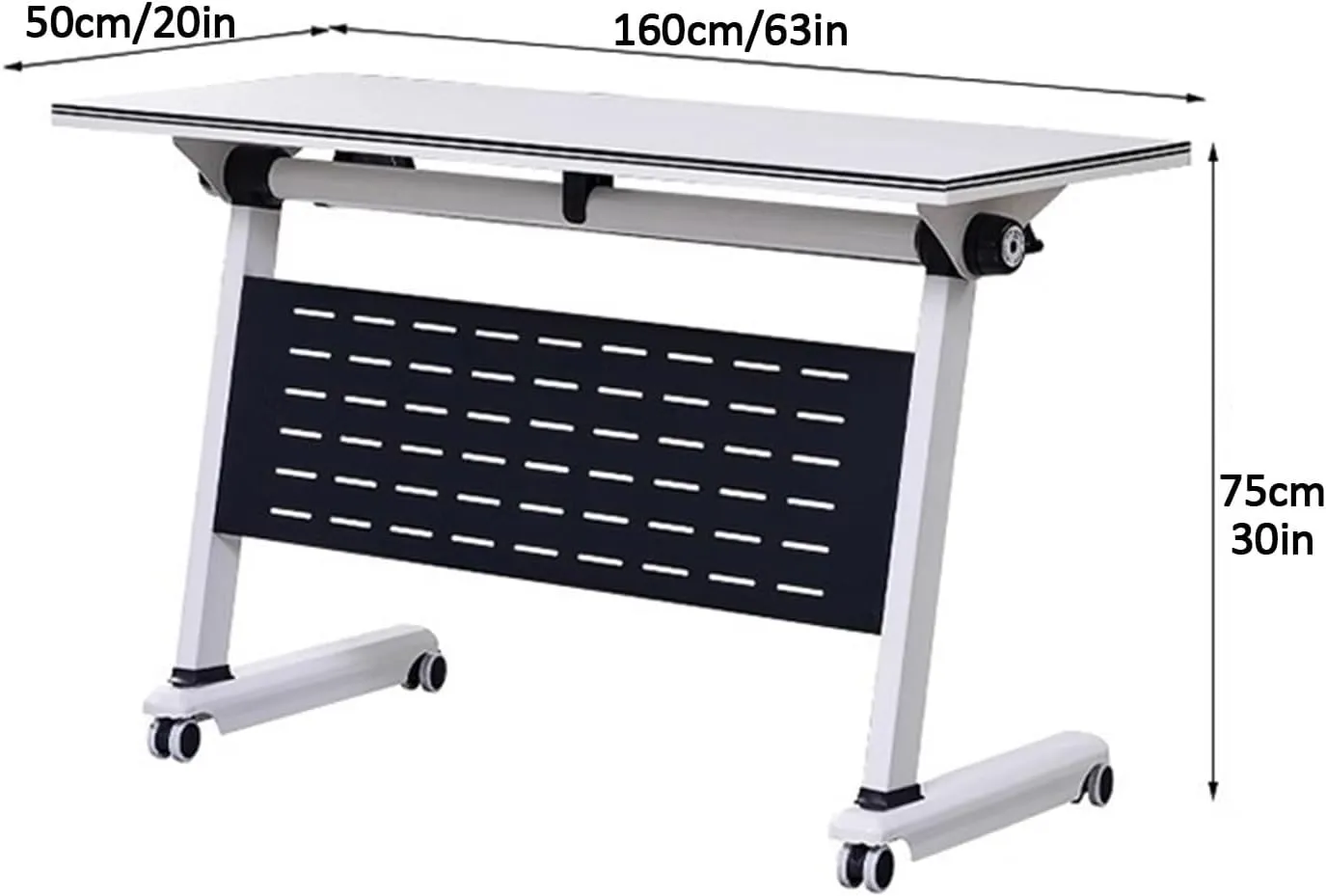 Folding Conference Table, Mobile Training Foldable with Storage Rack and Pulleys, Metal Stand, Perfect for Meeting, Training, etc, White(160x50x75cm/63x20x30in)