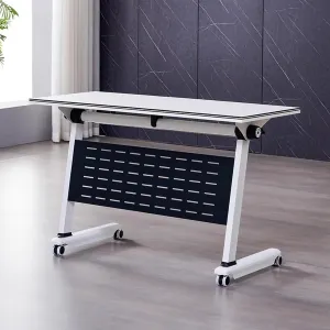 Folding Conference Table, Mobile Training Foldable with Storage Rack and Pulleys, Metal Stand, Perfect for Meeting, Training, etc, White(160x50x75cm/63x20x30in)
