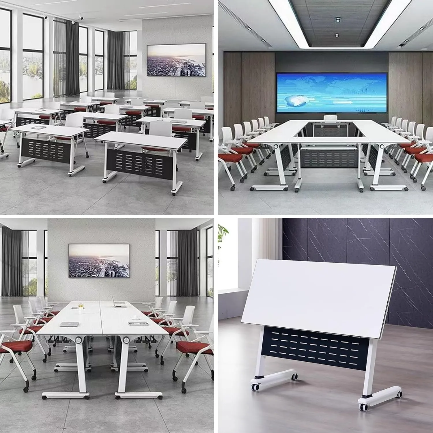 Folding Conference Table, Mobile Training Foldable with Storage Rack and Pulleys, Metal Stand, Perfect for Meeting, Training, etc, White(160x50x75cm/63x20x30in)