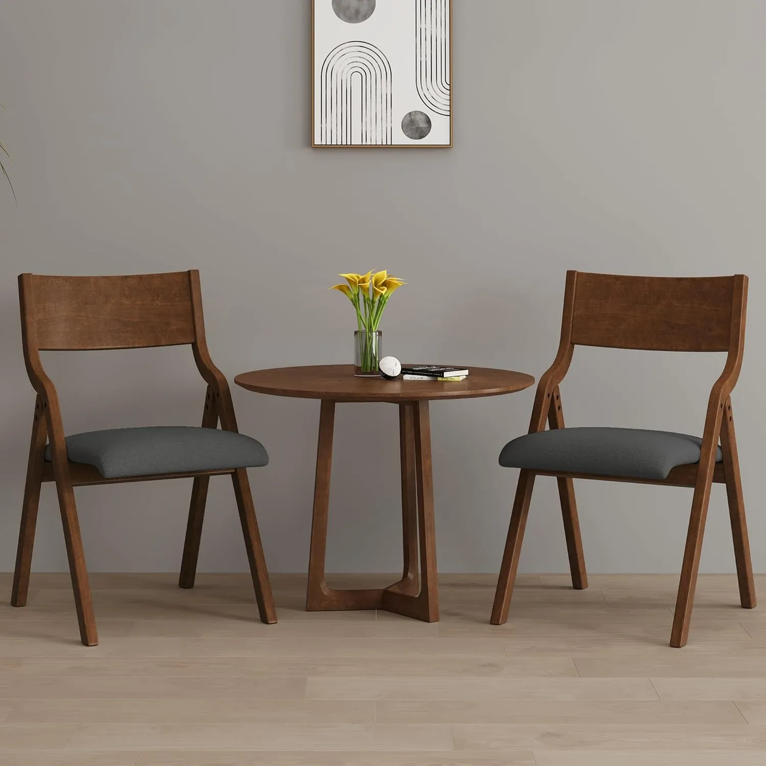 Folding Dining Chairs Set of 2, Upholstered Kitchen Chair with Padded Seat & Wood Backrest, Modern Side-Chair with Wood Legs for Home Office Living Room,No Assembly Needed,Dark Gray Walnut