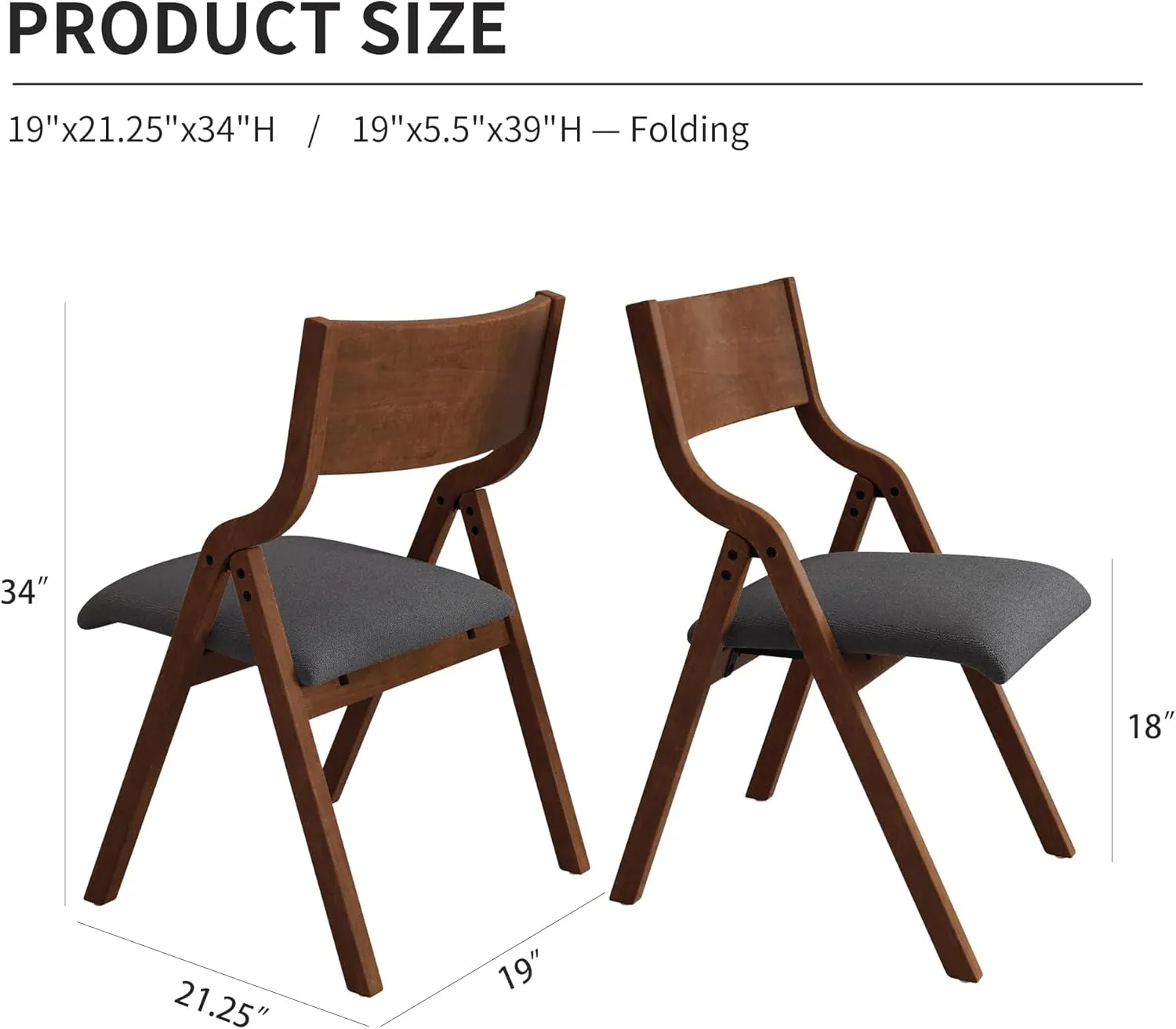 Folding Dining Chairs Set of 2, Upholstered Kitchen Chair with Padded Seat & Wood Backrest, Modern Side-Chair with Wood Legs for Home Office Living Room,No Assembly Needed,Dark Gray Walnut