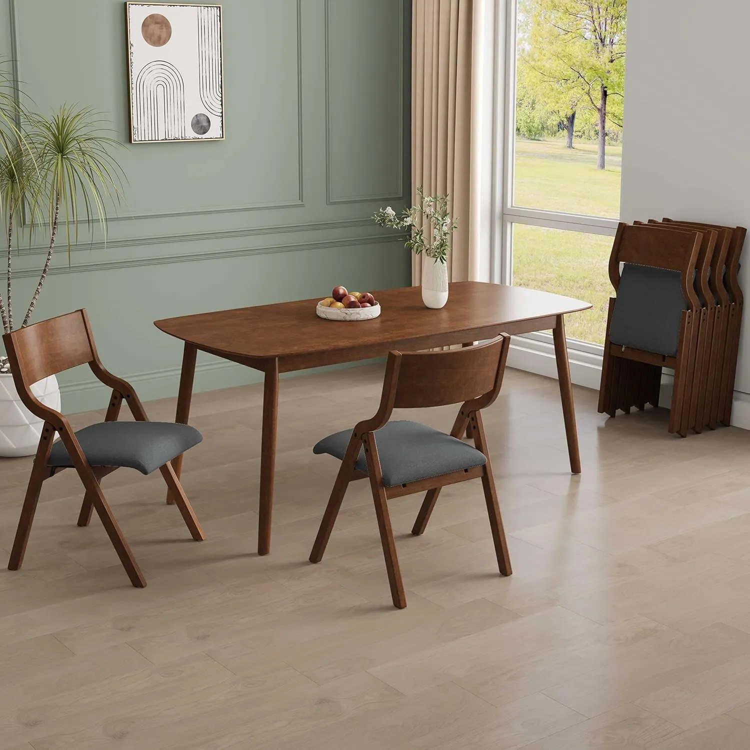 Folding Dining Chairs Set of 2, Upholstered Kitchen Chair with Padded Seat & Wood Backrest, Modern Side-Chair with Wood Legs for Home Office Living Room,No Assembly Needed,Dark Gray Walnut