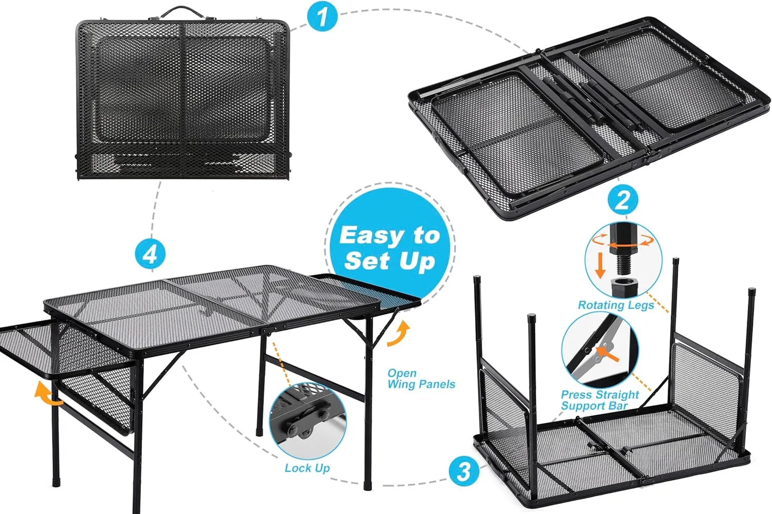 Folding Family Camping Table with 2 Wing Panels, Metal Grill Table with Mesh Tabletop, 2 Adjustable Heights, Large Picnic & Outdoor Table, 2 Side Shelves, Lightweight (3x2 FT, Black)