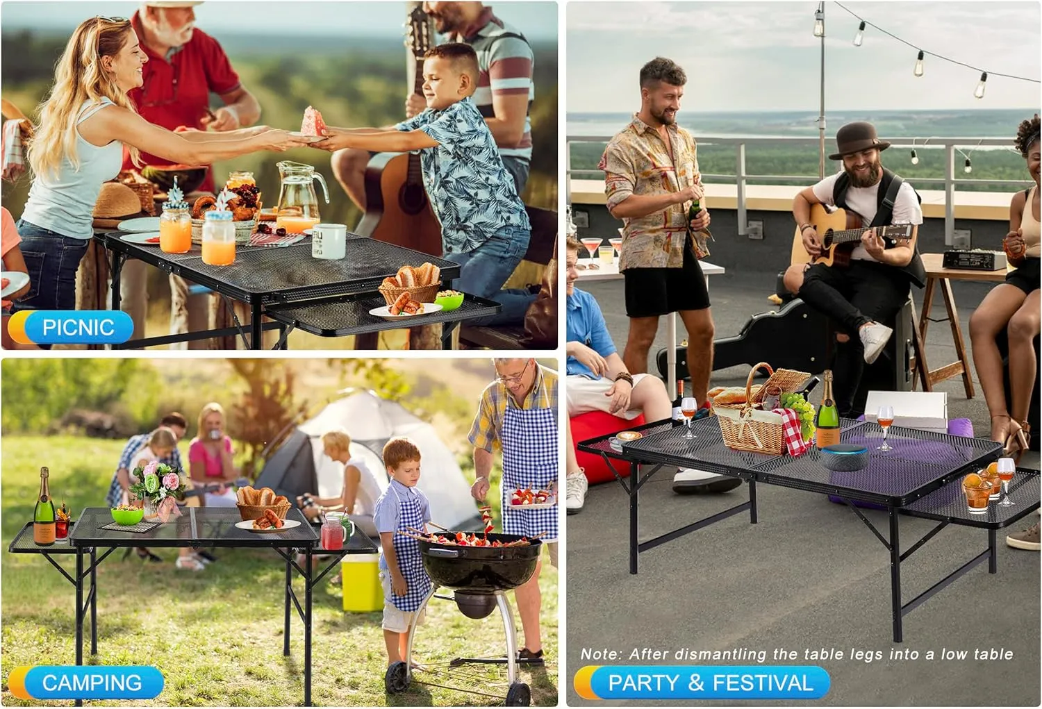 Folding Family Camping Table with 2 Wing Panels, Metal Grill Table with Mesh Tabletop, 2 Adjustable Heights, Large Picnic & Outdoor Table, 2 Side Shelves, Lightweight (3x2 FT, Black)