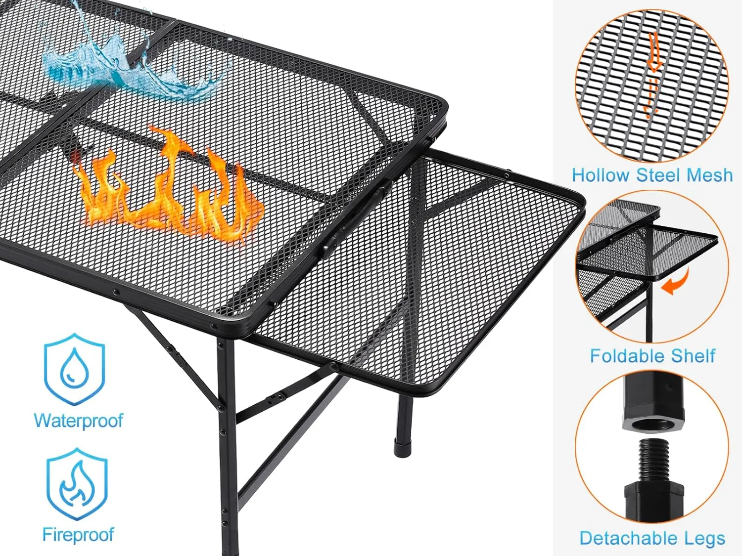 Folding Family Camping Table with 2 Wing Panels, Metal Grill Table with Mesh Tabletop, 2 Adjustable Heights, Large Picnic & Outdoor Table, 2 Side Shelves, Lightweight (3x2 FT, Black)
